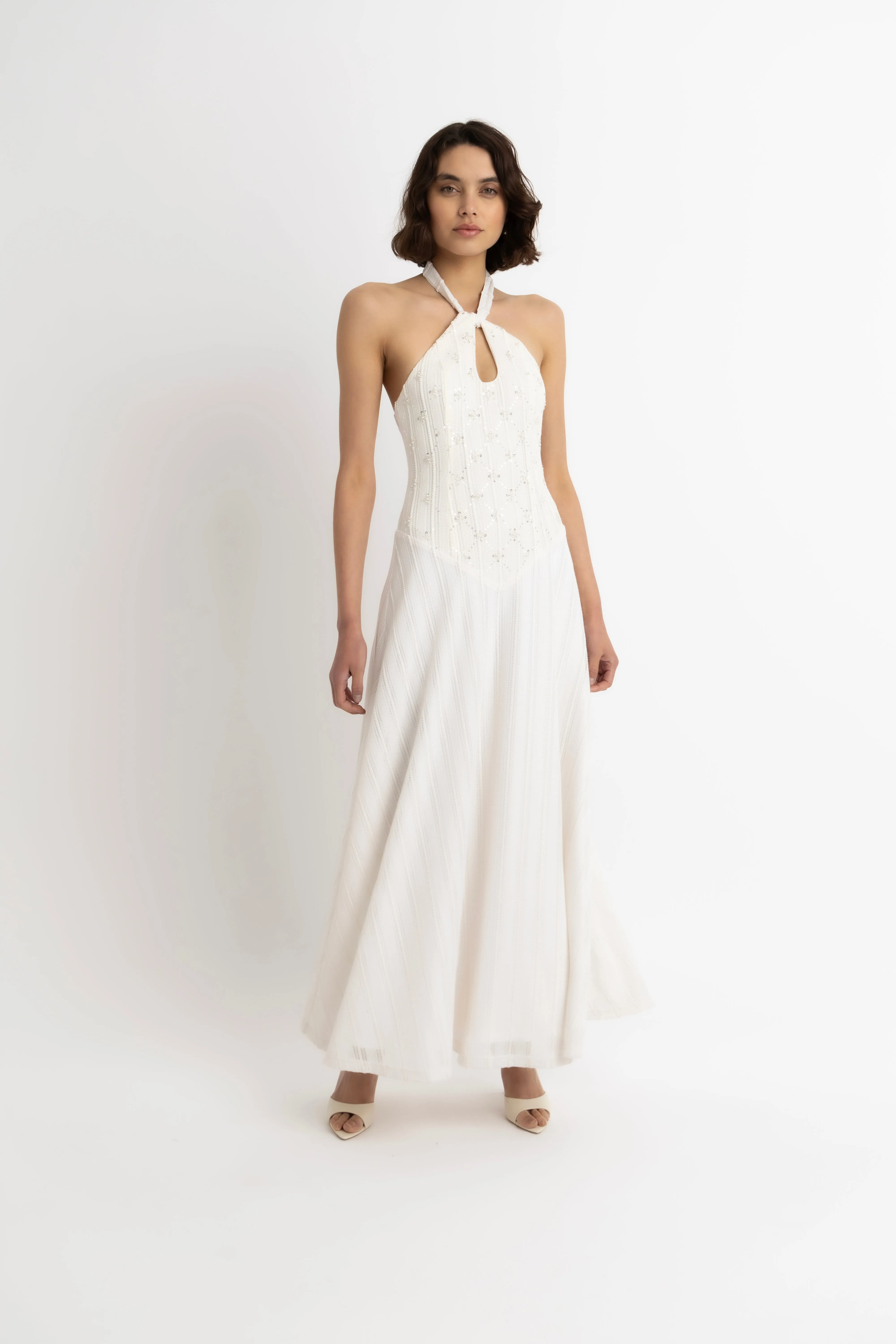 Gaia Cream Crochet Halterneck Maxi Dress sold by AMYLYNN