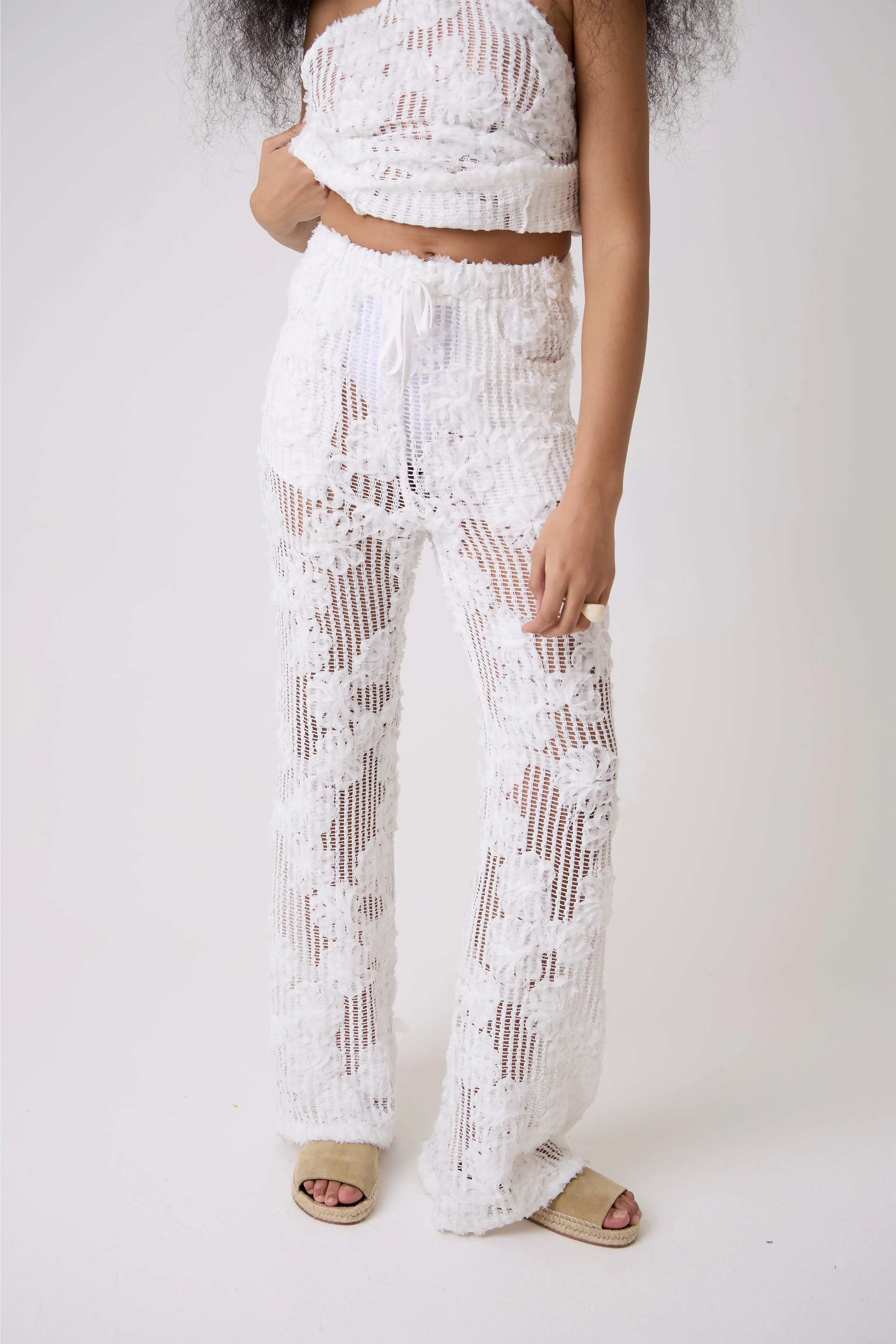 Cici White Pure Cotton Crochet Floral Lace Wide Leg Trouser sold by AMYLYNN