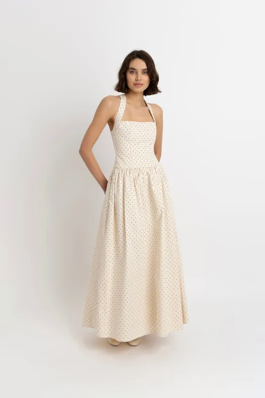 Judie Pure Cotton Beige Polka Dot Maxi Dress sold by AMYLYNN