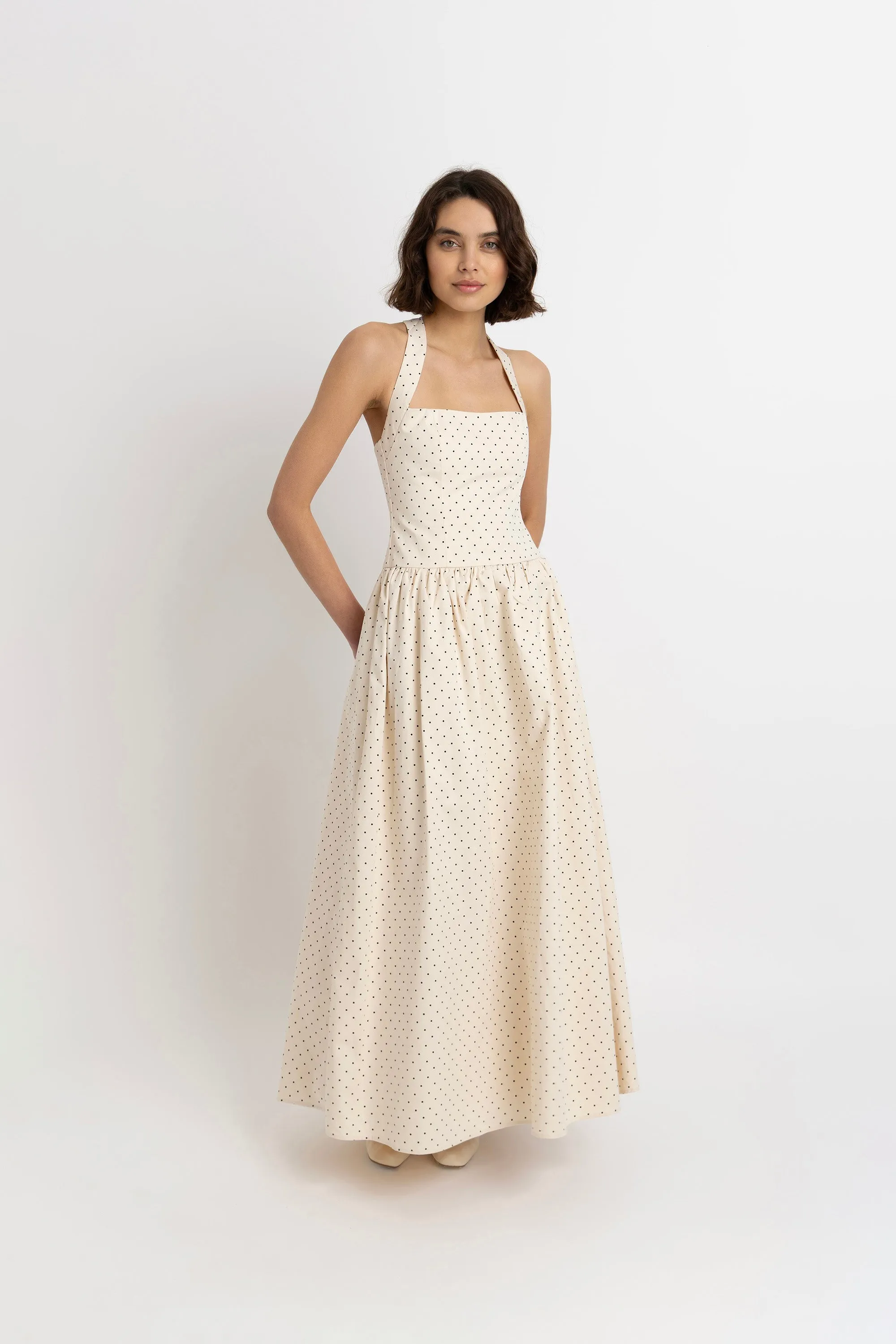 Judie Pure Cotton Beige Polka Dot Maxi Dress sold by AMYLYNN