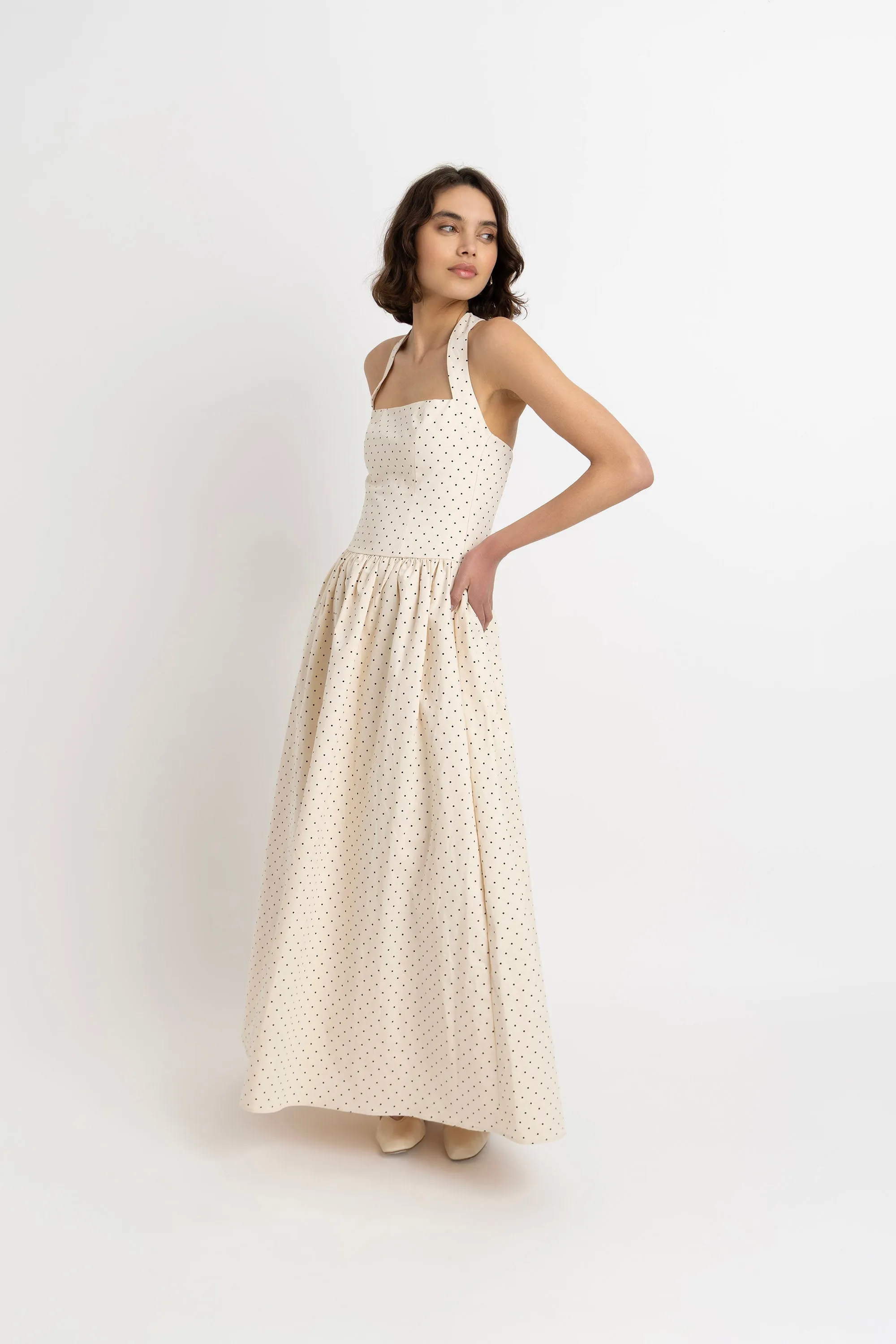 Judie Pure Cotton Beige Polka Dot Maxi Dress sold by AMYLYNN product image thumbnail 4