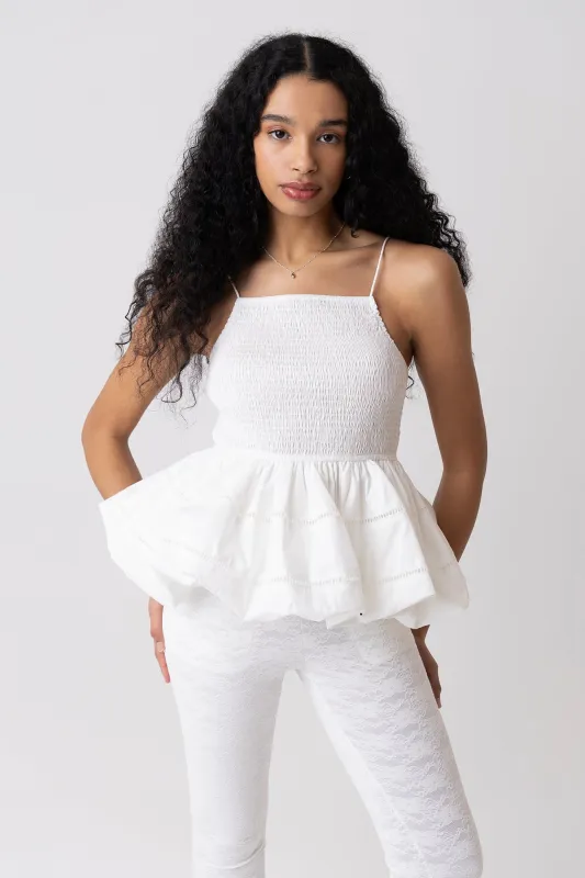 Penny Pure Cotton White Shirred Peplum Top sold by AMYLYNN