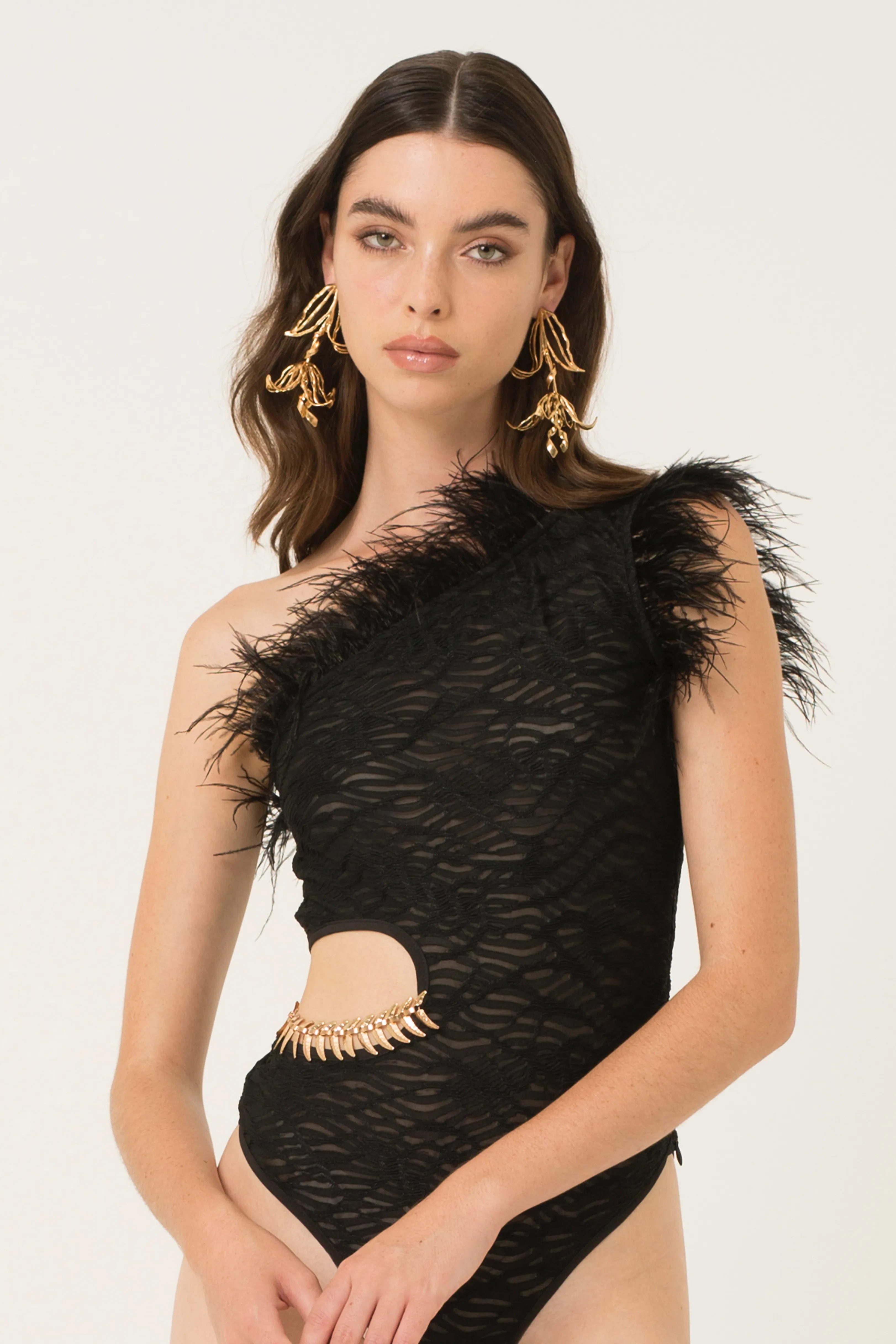 Danica Black Feather Trim Asymmetric Bodysuit sold by AMYLYNN