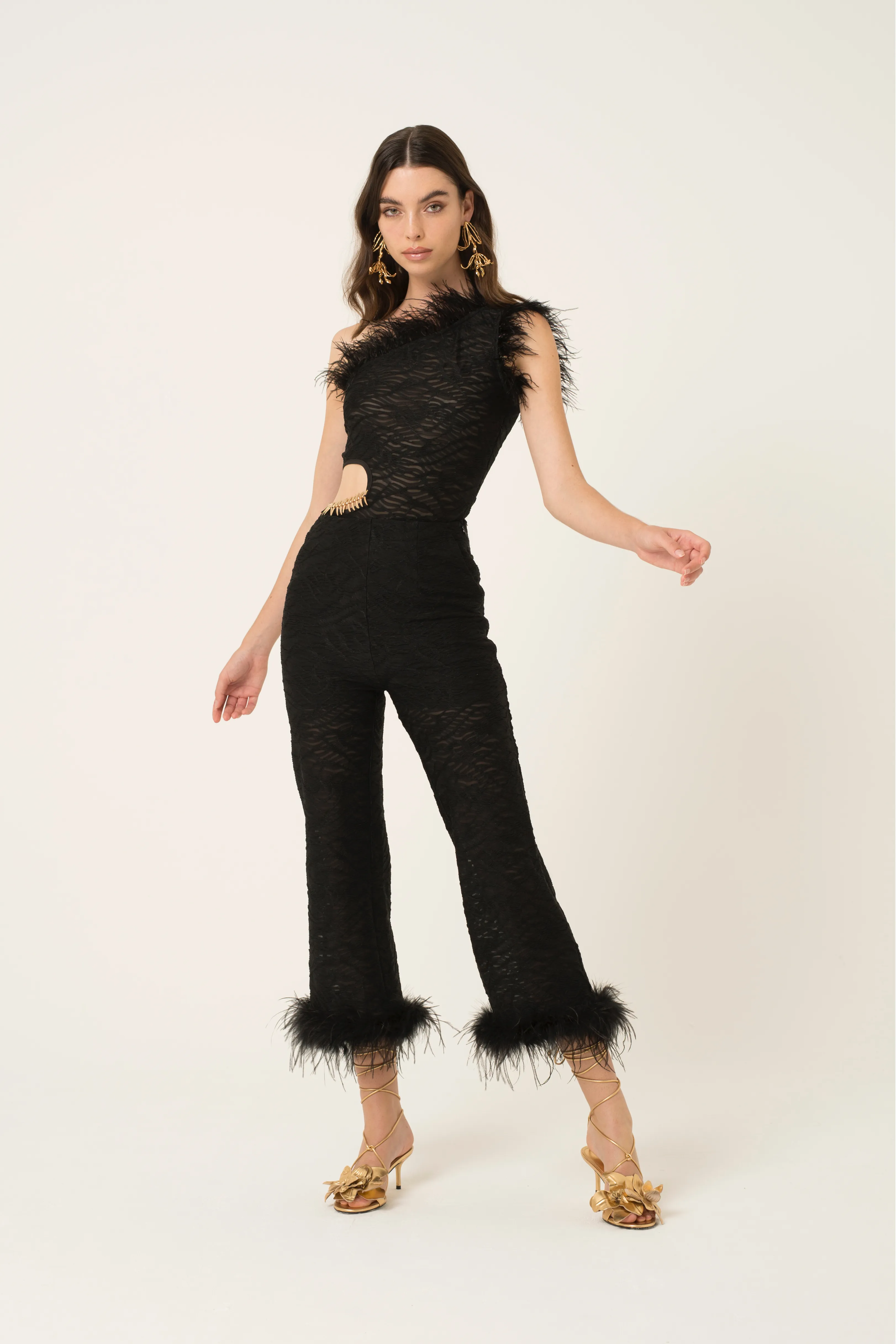 Danica Black Feather Trim Asymmetric Bodysuit sold by AMYLYNN product image thumbnail 3