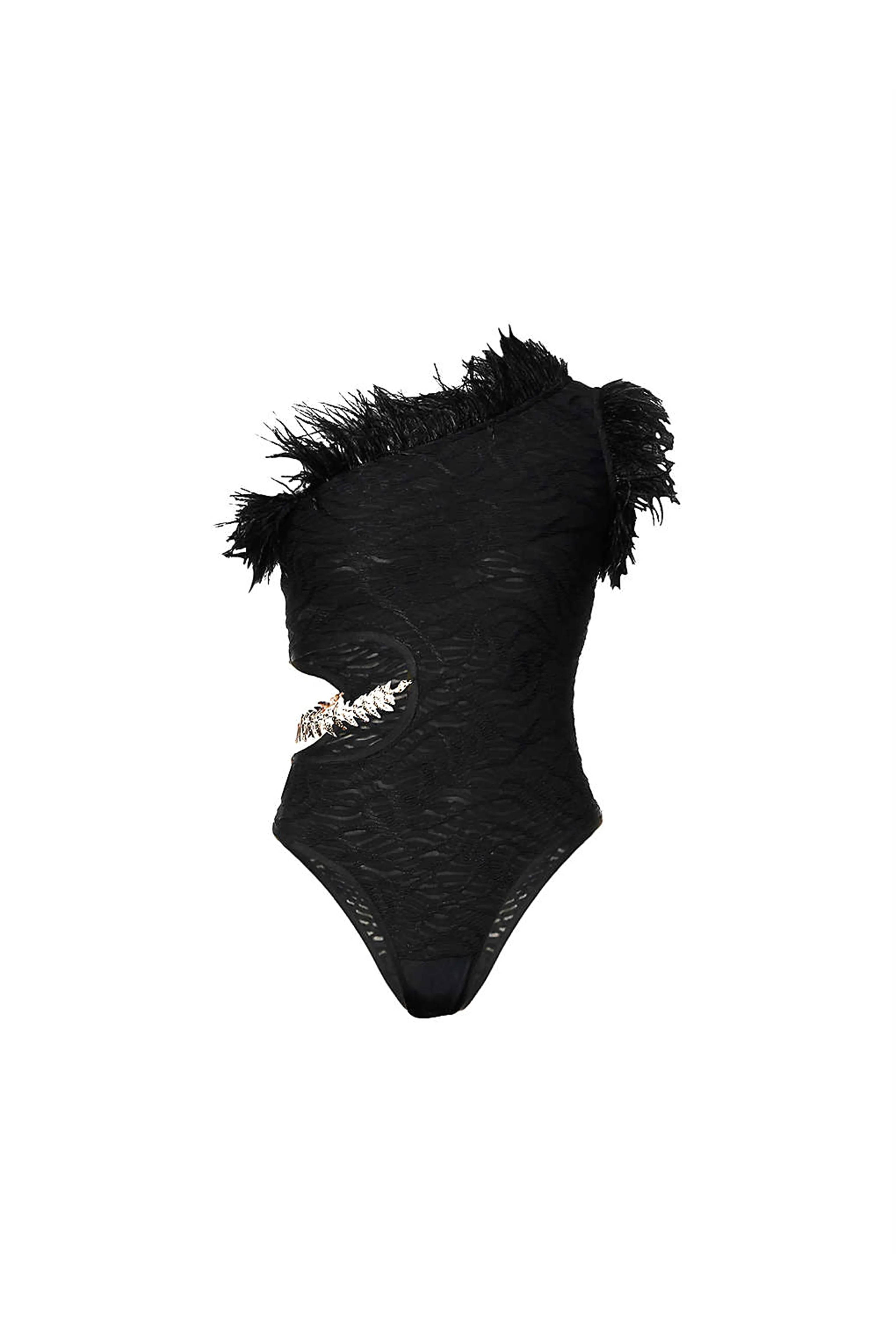 Danica Black Feather Trim Asymmetric Bodysuit sold by AMYLYNN product image thumbnail 2