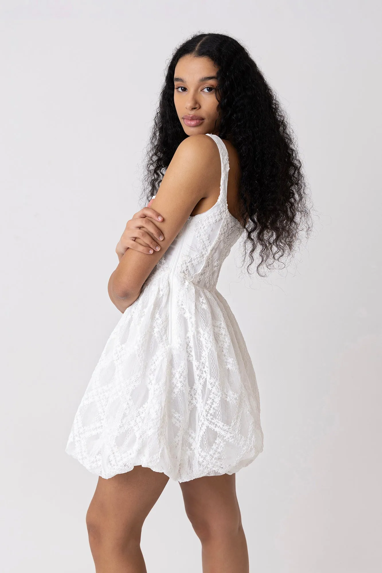 Lisa White Lace Embellished Mini Puffball Dress sold by AMYLYNN product image thumbnail 5