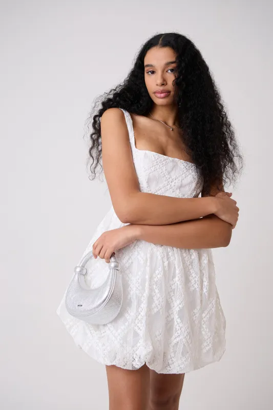 Lisa White Lace Embellished Mini Puffball Dress sold by AMYLYNN