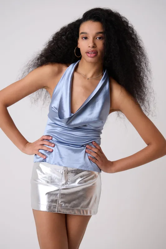 Carmel Blue Satin Halter Cowl Top sold by AMYLYNN