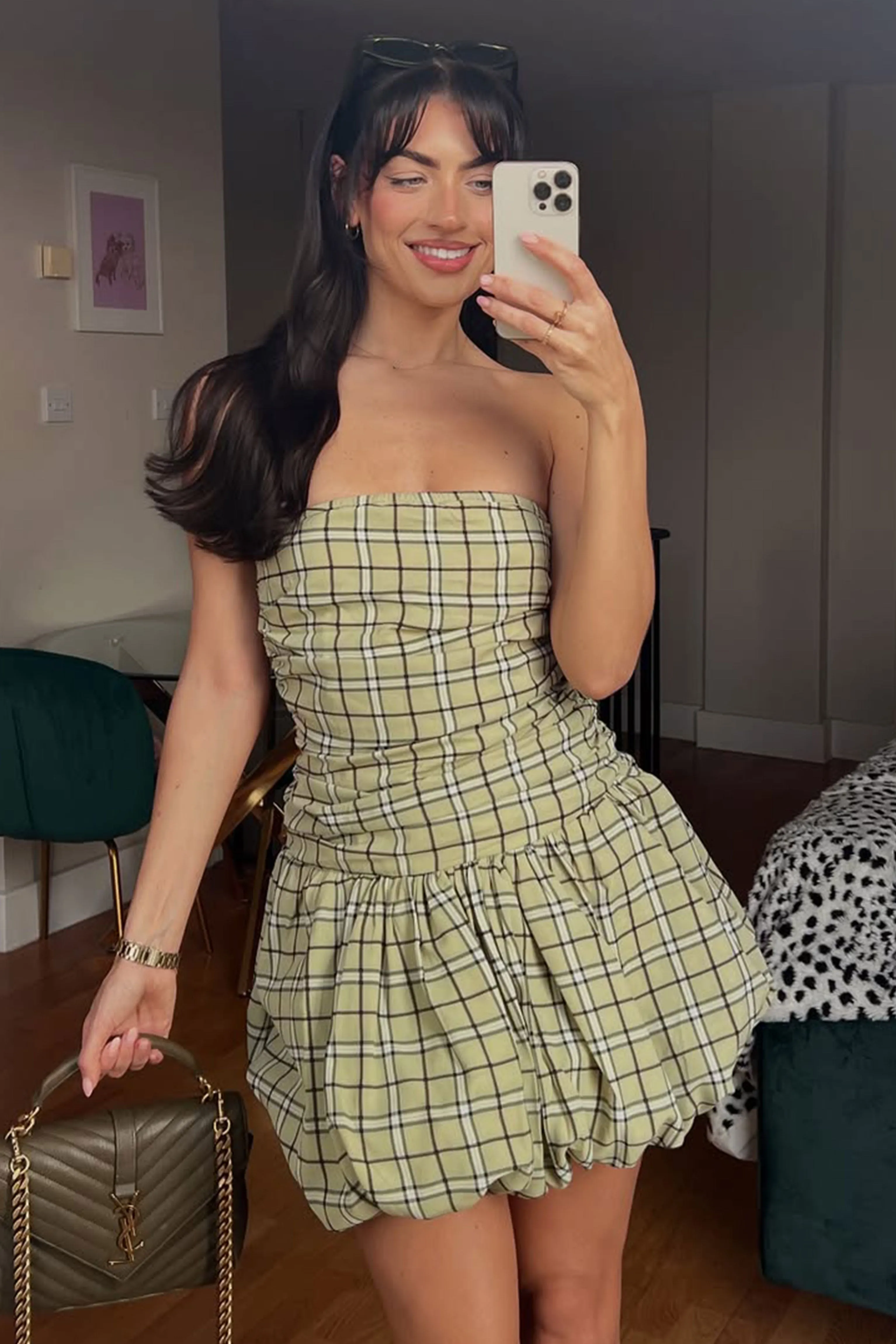 Dionne Green Check Tartan Puffball Mini Dress sold by AMYLYNN product image thumbnail 2