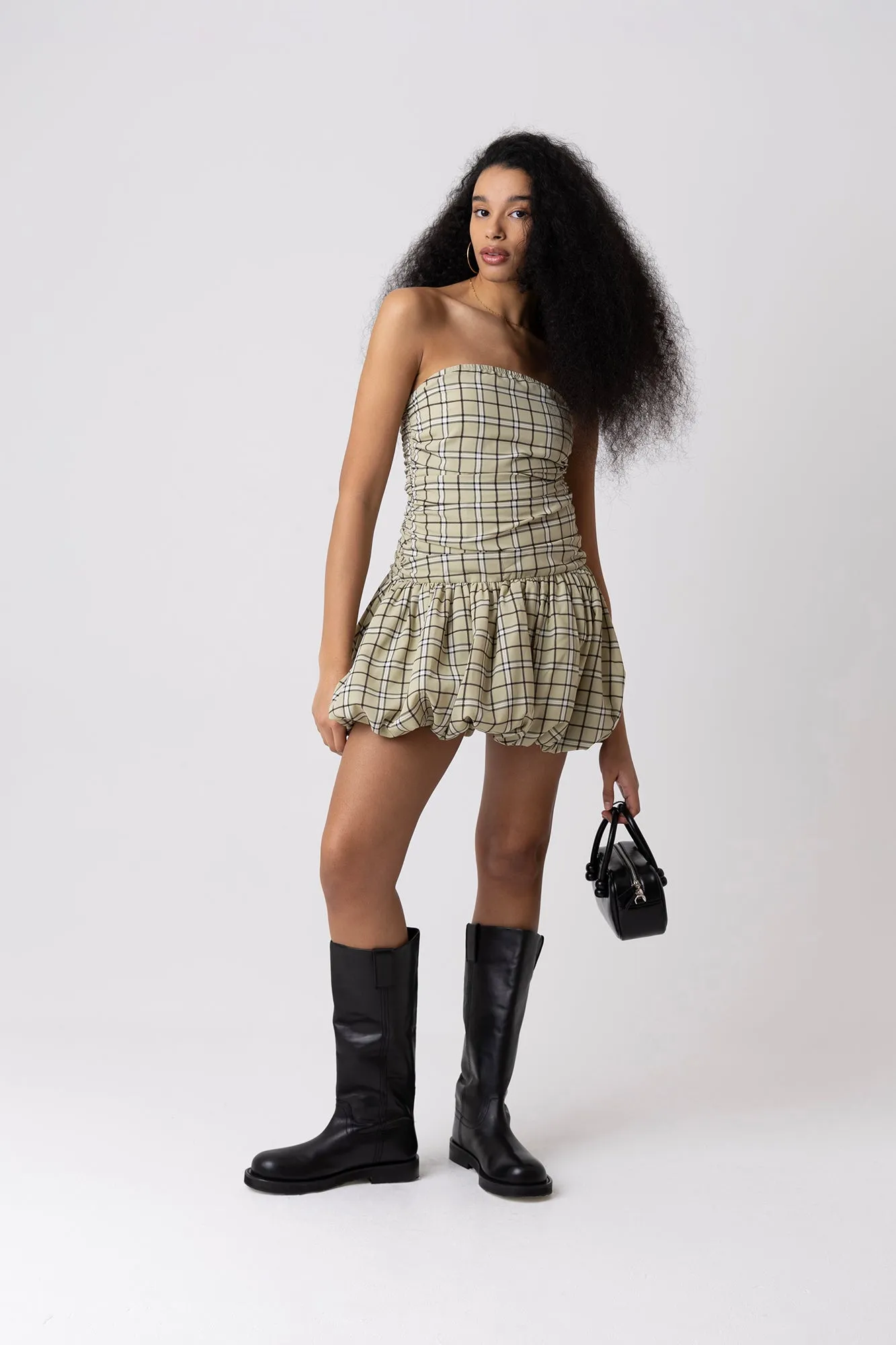 Dionne Green Check Tartan Puffball Mini Dress sold by AMYLYNN