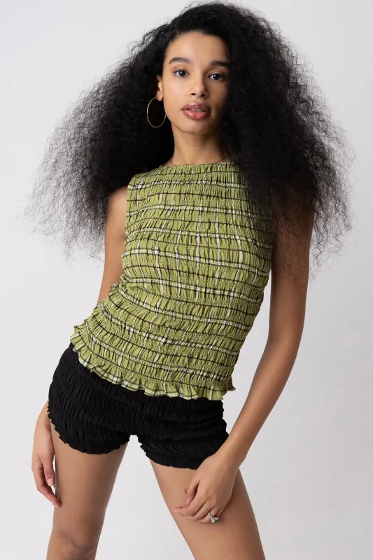 Cher Shirred Green Plaid Top sold by AMYLYNN