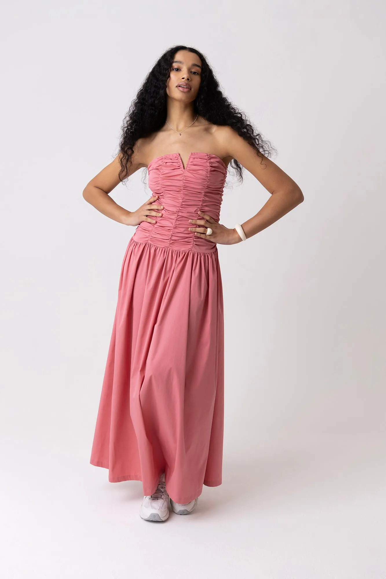 Shyla Pure Cotton Pink Ruched Column Bardot Maxi Dress sold by AMYLYNN product image thumbnail 3