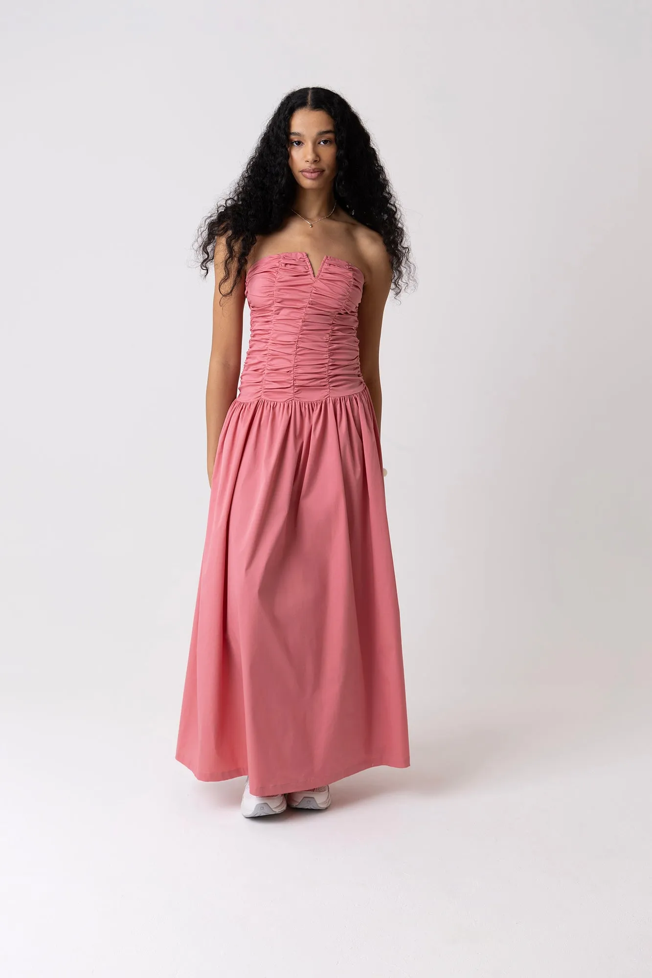 Shyla Pure Cotton Pink Ruched Column Bardot Maxi Dress sold by AMYLYNN product image thumbnail 4