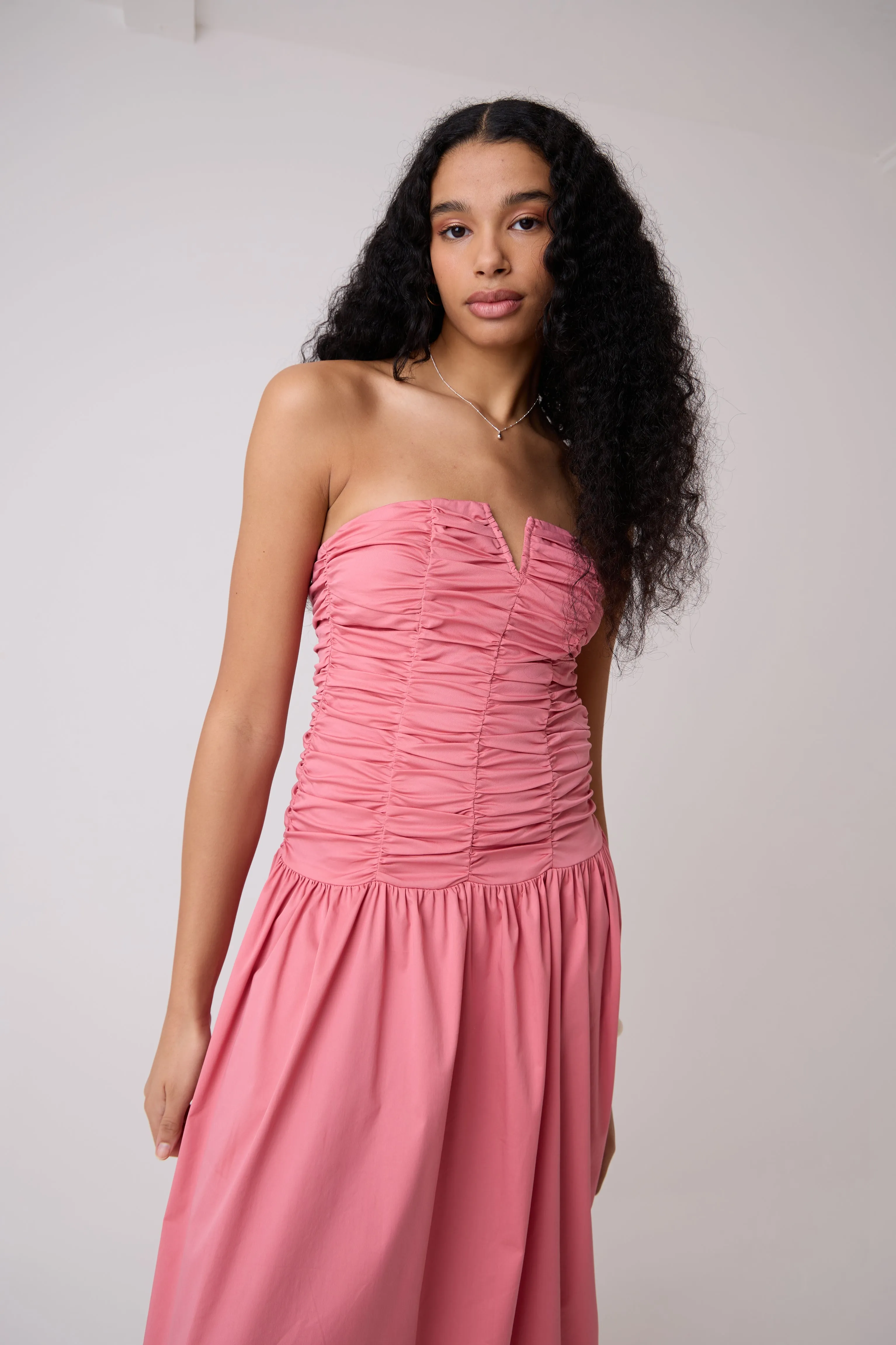 Shyla Pure Cotton Pink Ruched Column Bardot Maxi Dress sold by AMYLYNN product image thumbnail 2