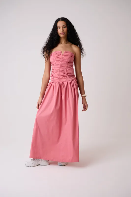Shyla Pure Cotton Pink Ruched Column Bardot Maxi Dress sold by AMYLYNN