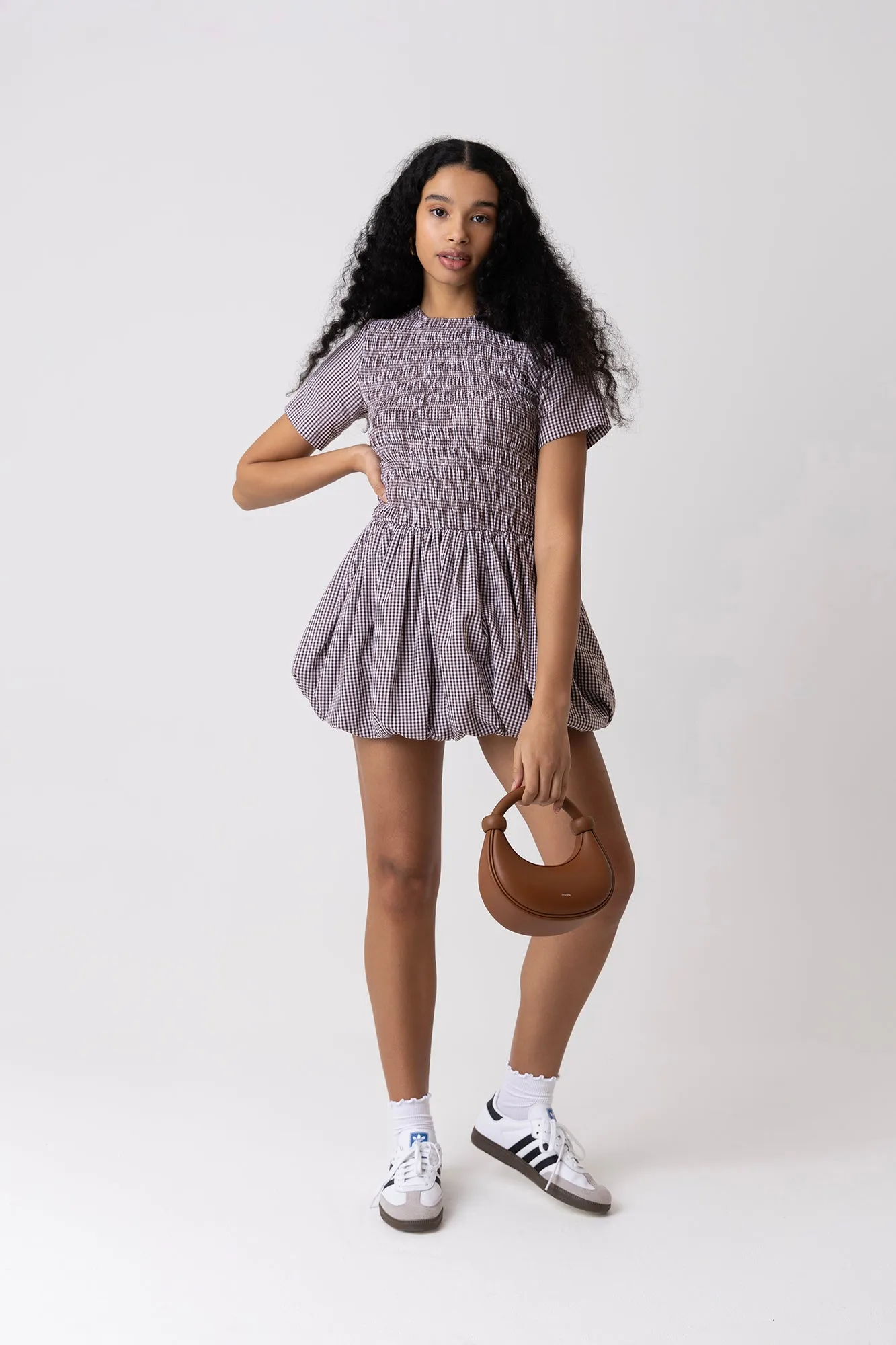 Eleanor Pure Cotton Brown Gingham Mini Puffball Dress sold by AMYLYNN
