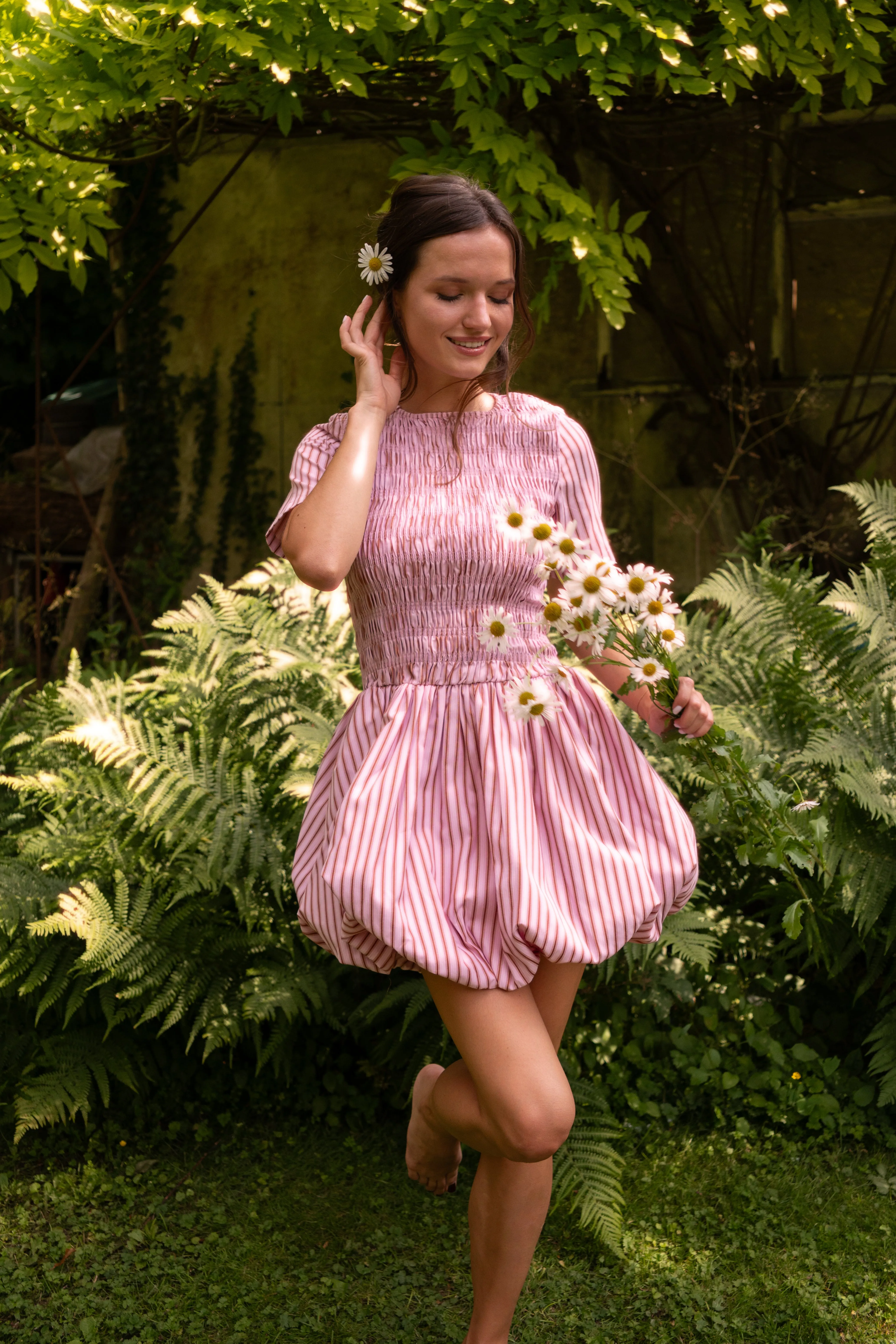 Eleanor Pure Cotton Pink Stripe Mini Puffball Dress sold by AMYLYNN