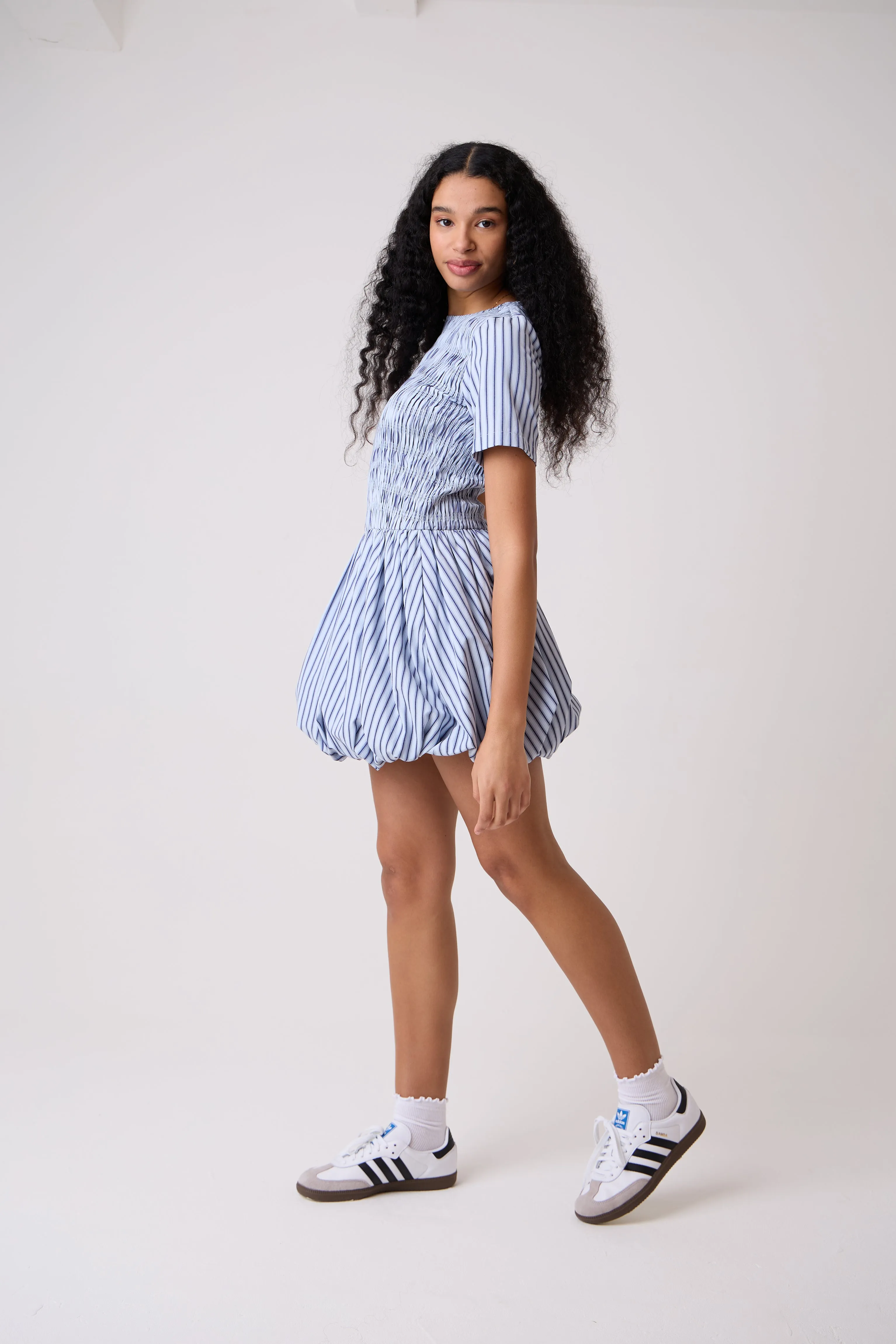 Eleanor Pure Cotton Blue Stripe Mini Puffball Dress sold by AMYLYNN product image thumbnail 3