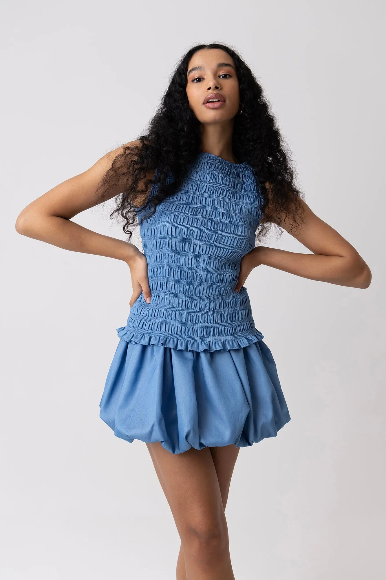Claudia Chambray Blue Ultra Puffball Mini Skirt sold by AMYLYNN product image thumbnail 2