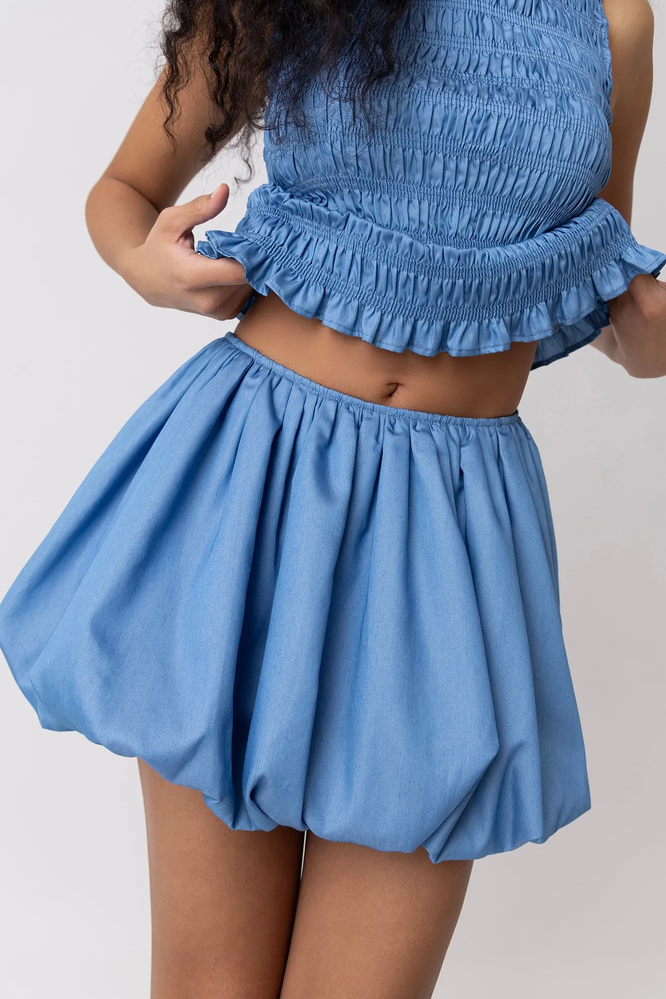 Claudia Chambray Blue Ultra Puffball Mini Skirt sold by AMYLYNN product image thumbnail 3