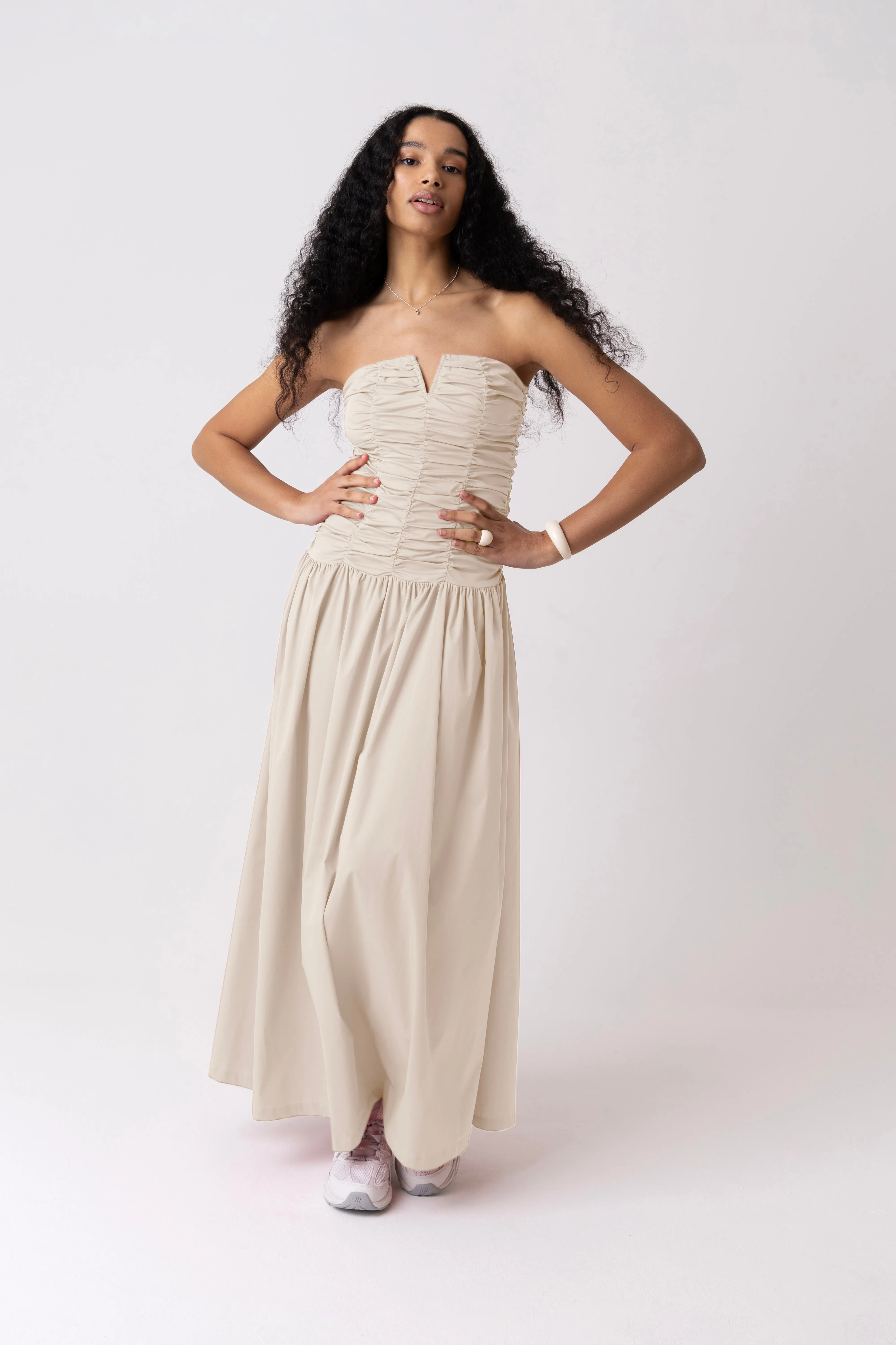 Shyla Pure Cotton Milk Ruched Column Bardot Maxi Dress sold by AMYLYNN product image thumbnail 3