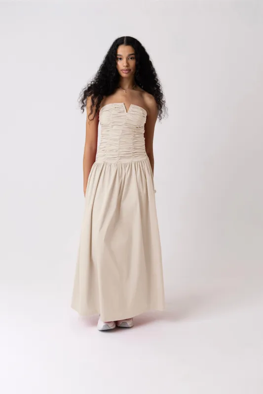 Shyla Pure Cotton Milk Ruched Column Bardot Maxi Dress sold by AMYLYNN