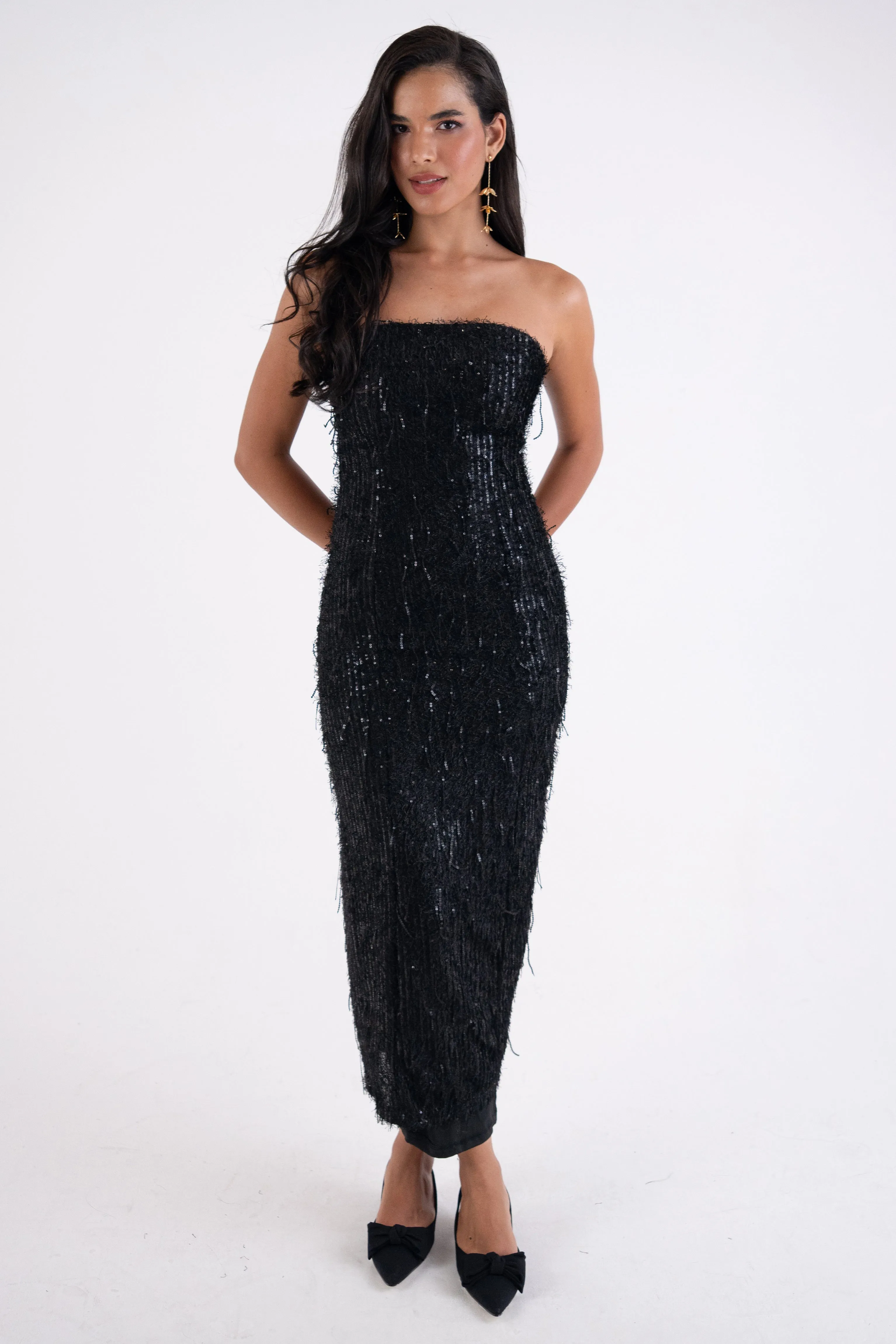 Uma Black Fringe Sequin Maxi Dress sold by AMYLYNN