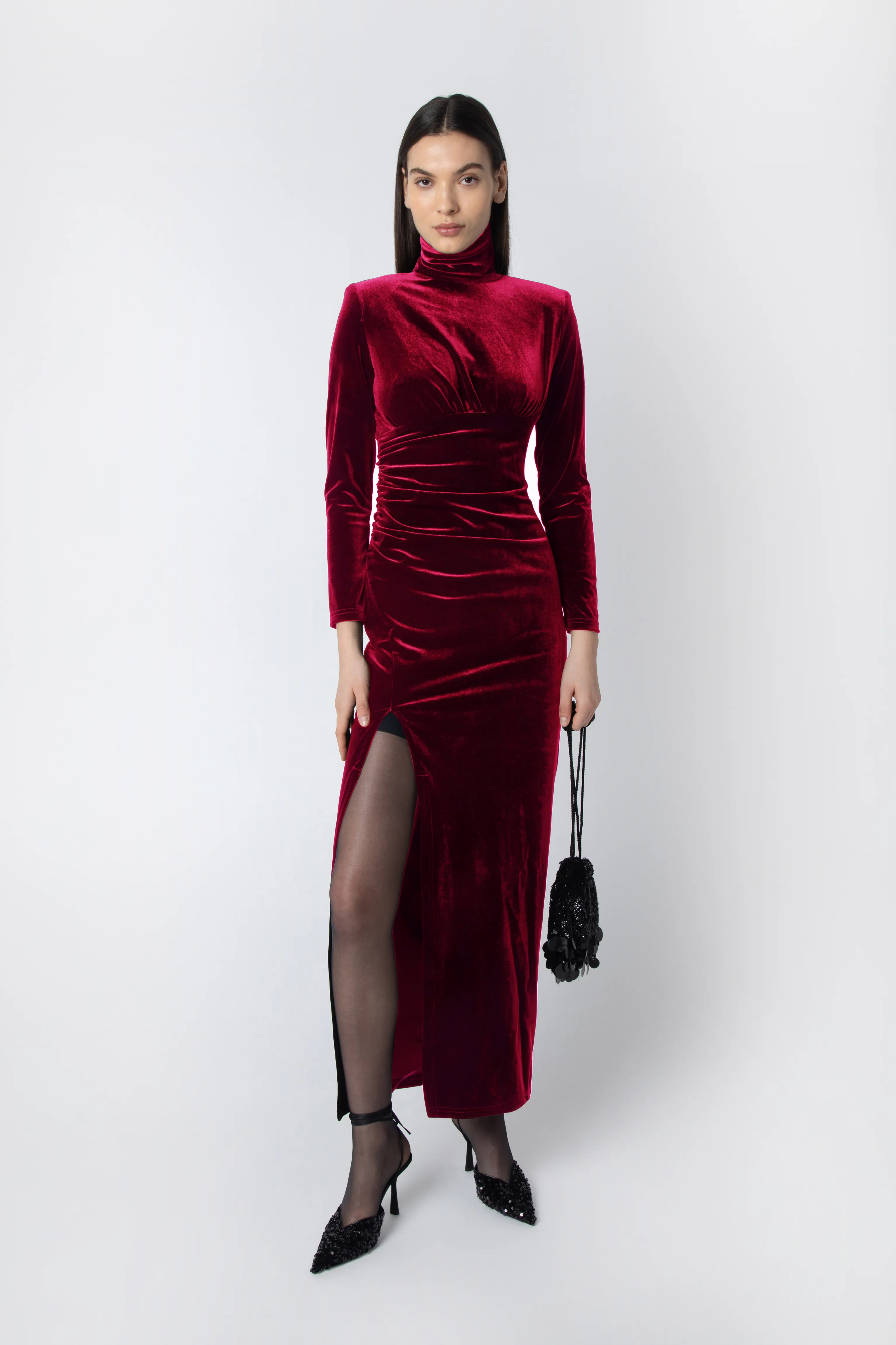 Sharron Burgundy Velvet High-neck Midi Dress sold by AMYLYNN