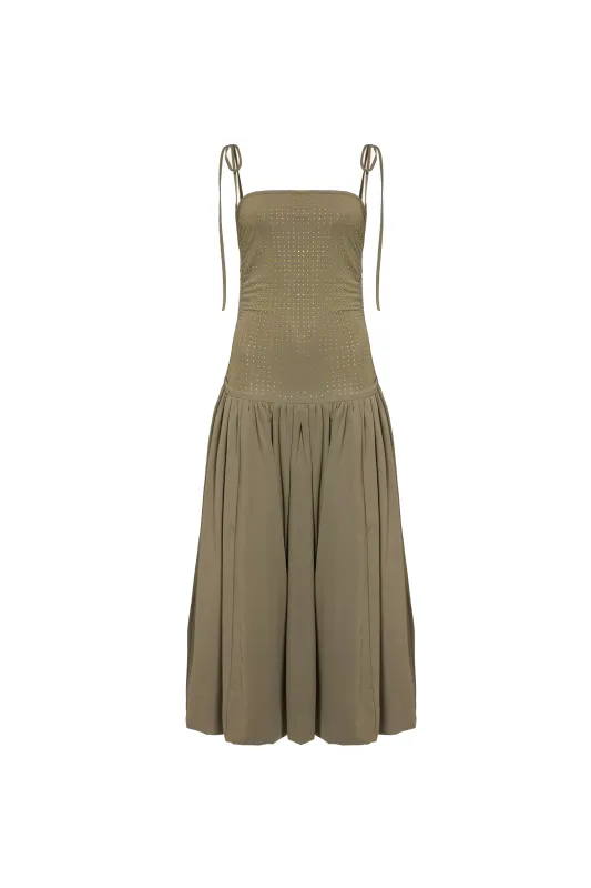 Alexa Pure Cotton Khaki Rhinestone Embellished Puffball Dress sold by AMYLYNN