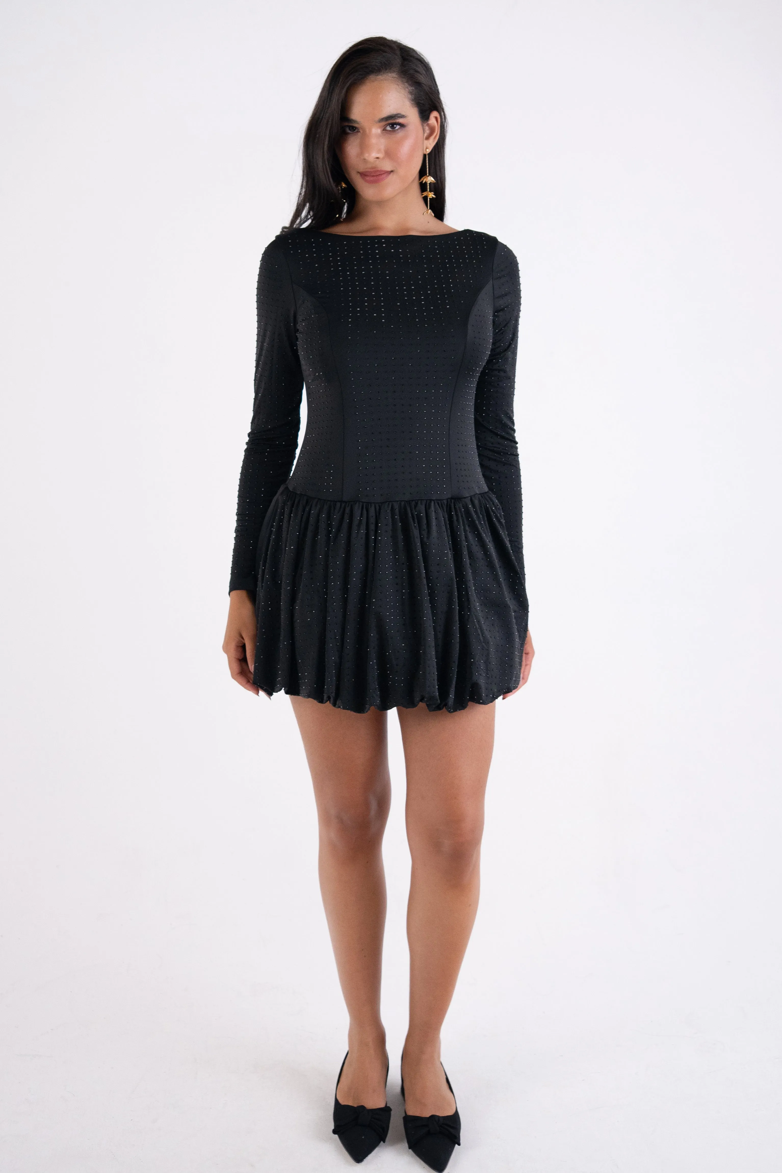 Deva Black Embellished Puffball Mini Dress sold by AMYLYNN