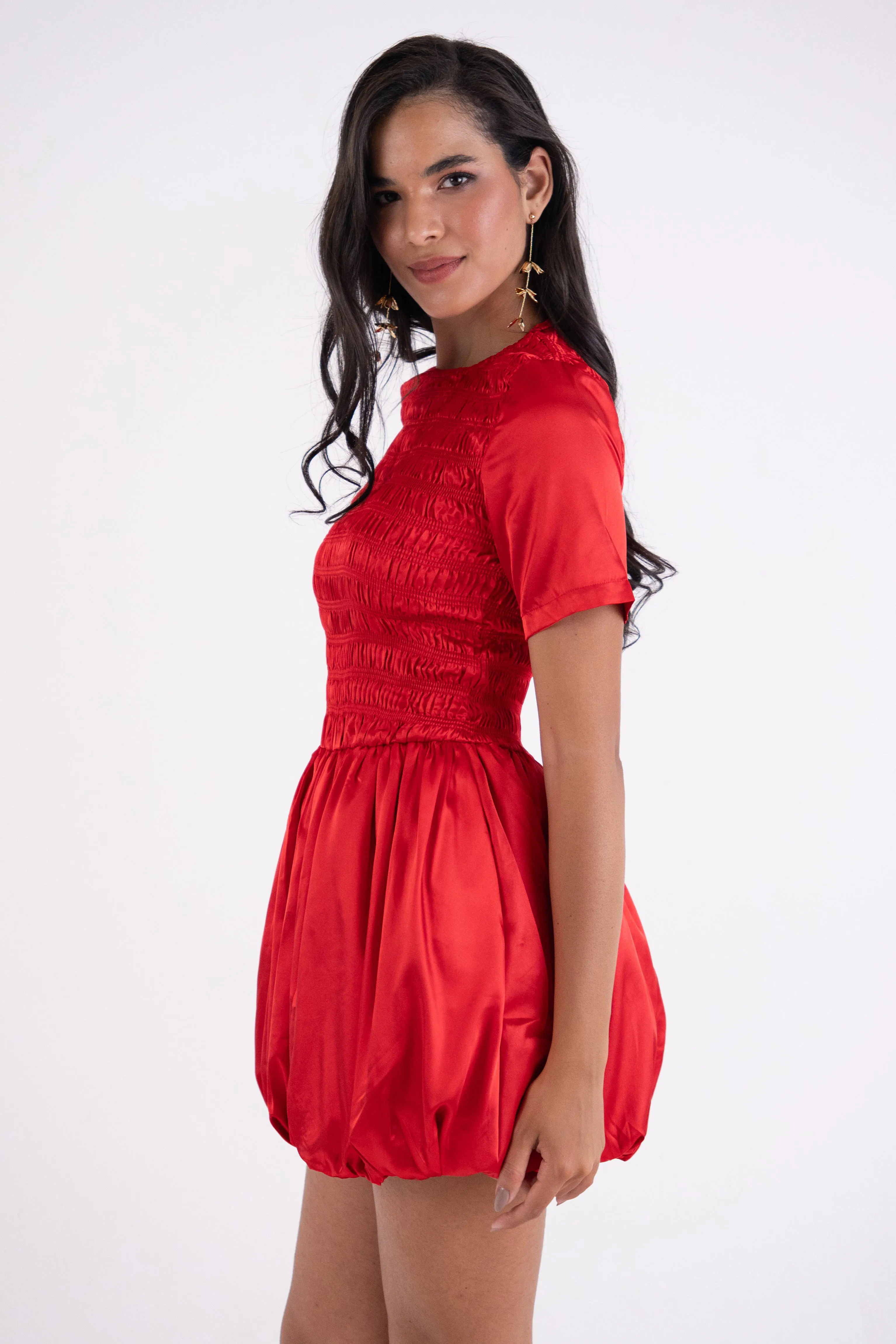 Eleanor Red Satin Puffball Ultra Mini Dress sold by AMYLYNN product image thumbnail 4