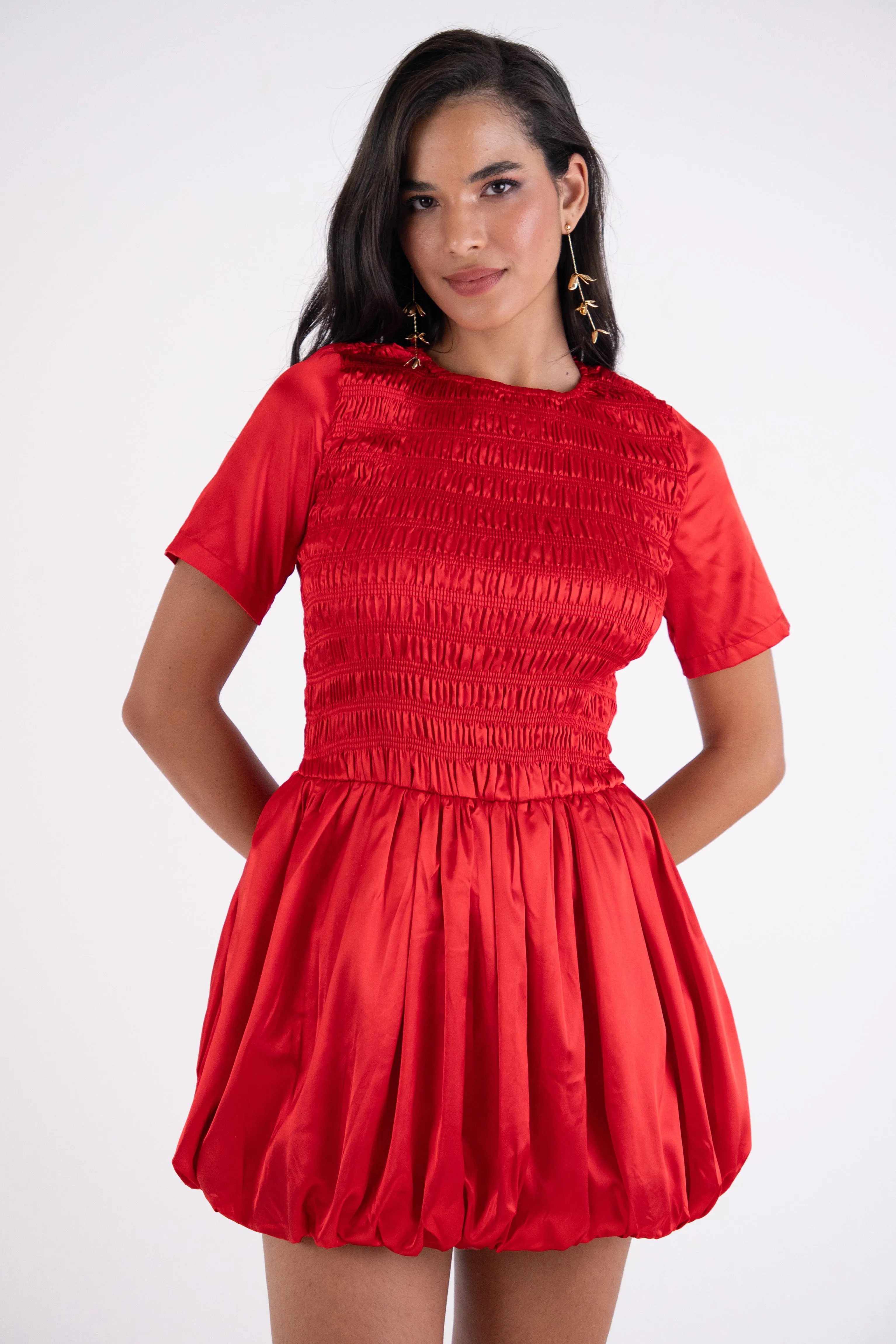 Eleanor Red Satin Puffball Ultra Mini Dress sold by AMYLYNN