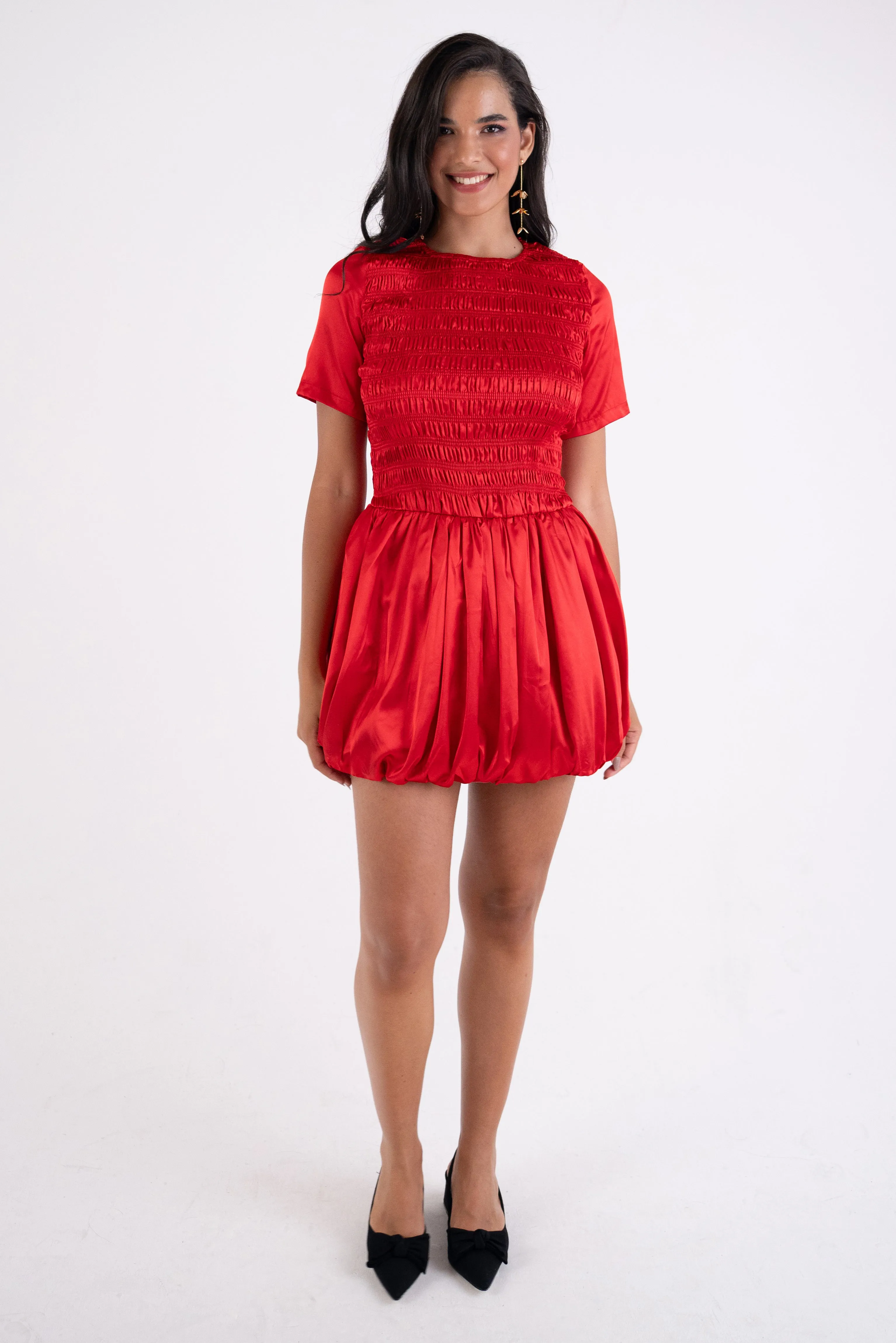 Eleanor Red Satin Puffball Ultra Mini Dress sold by AMYLYNN product image thumbnail 5