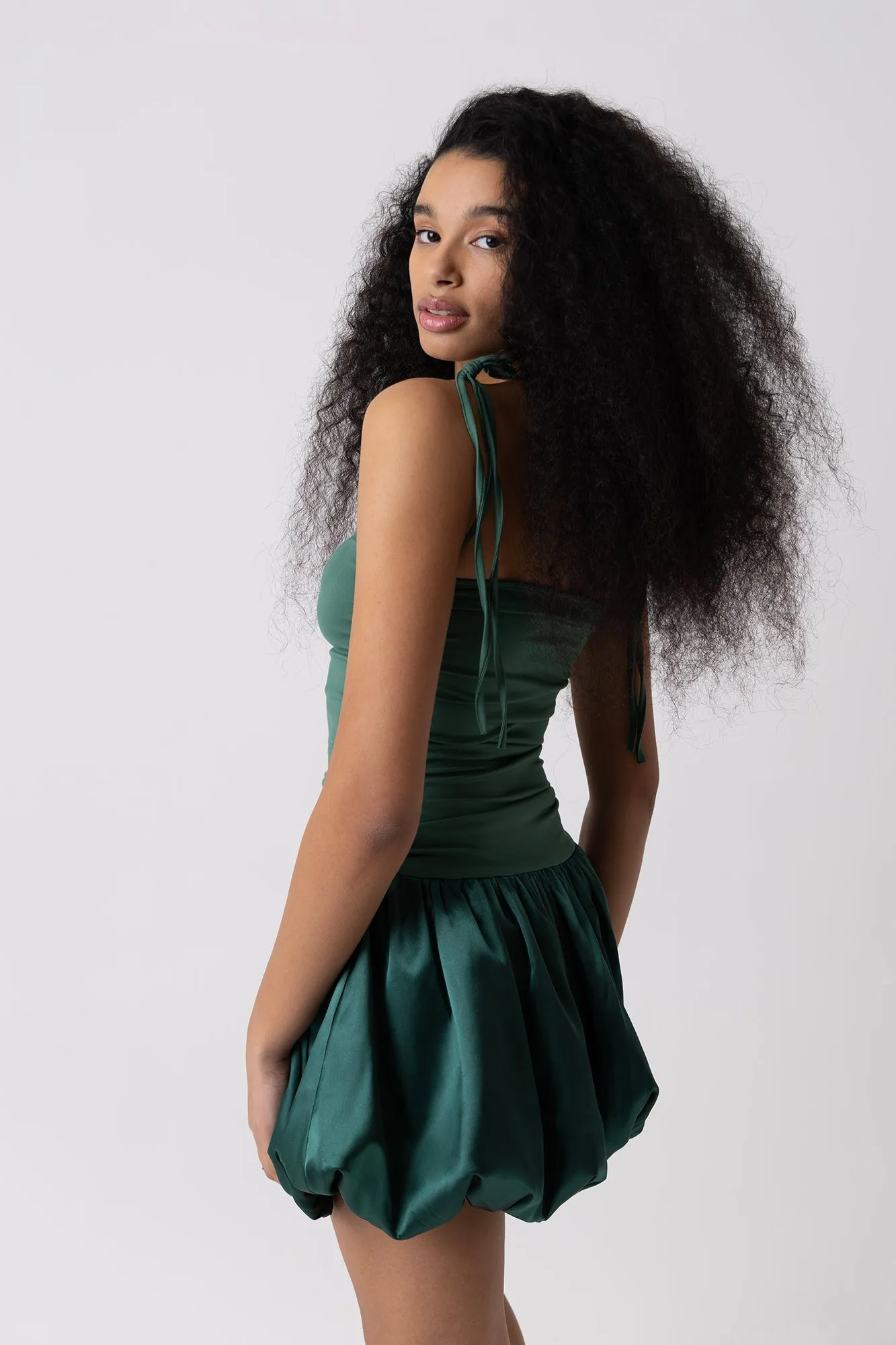 Alexa Emerald Green Satin Puffball Ultra Mini Dress sold by AMYLYNN product image thumbnail 3