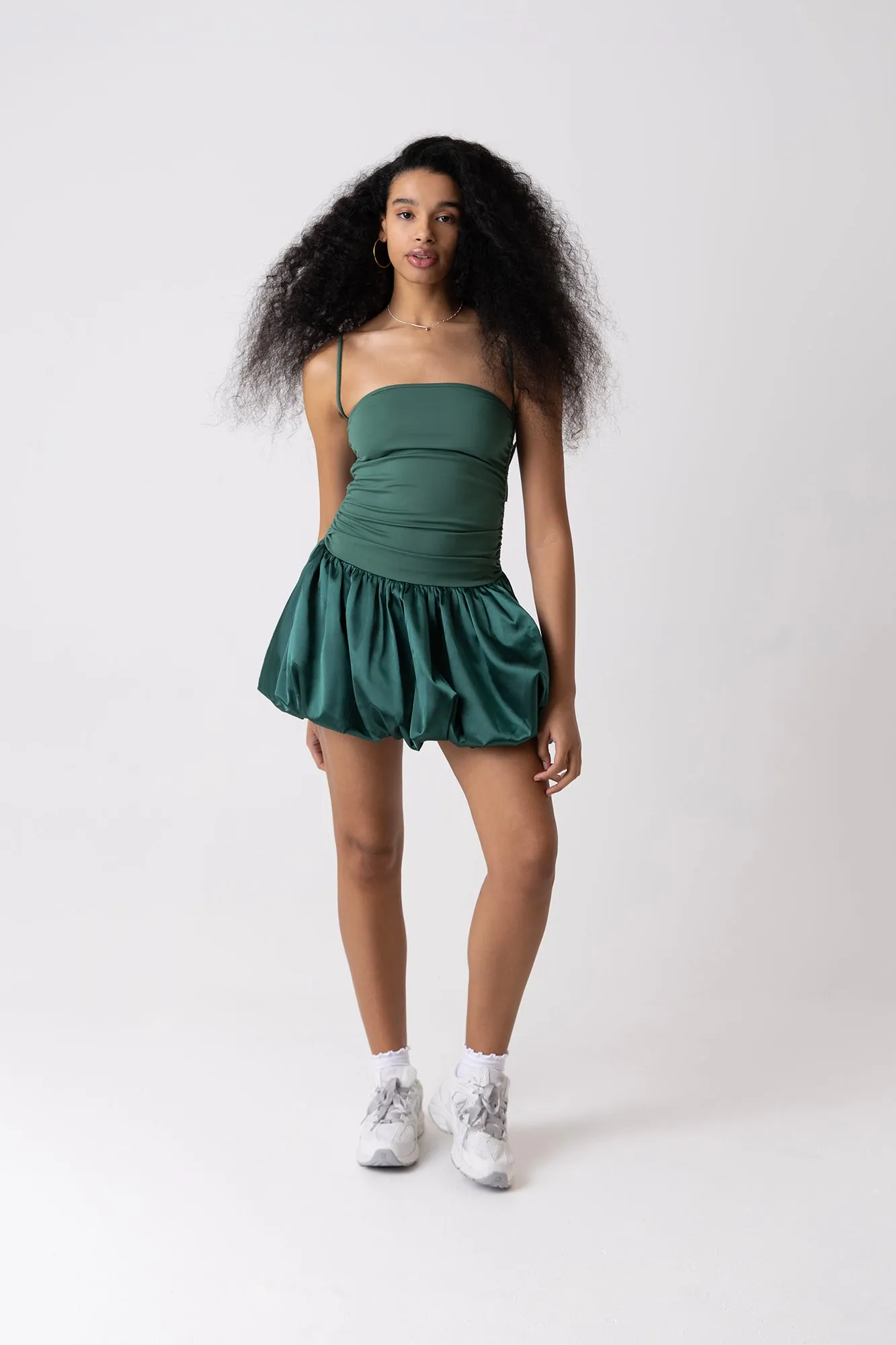 Alexa Emerald Green Satin Puffball Ultra Mini Dress sold by AMYLYNN