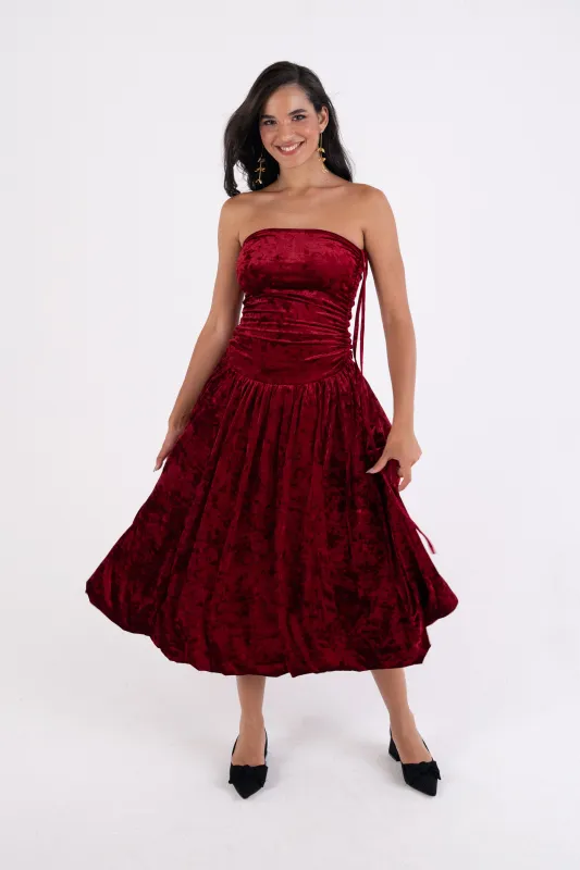 Alexa Dark Red Velvet Puffball Dress sold by AMYLYNN