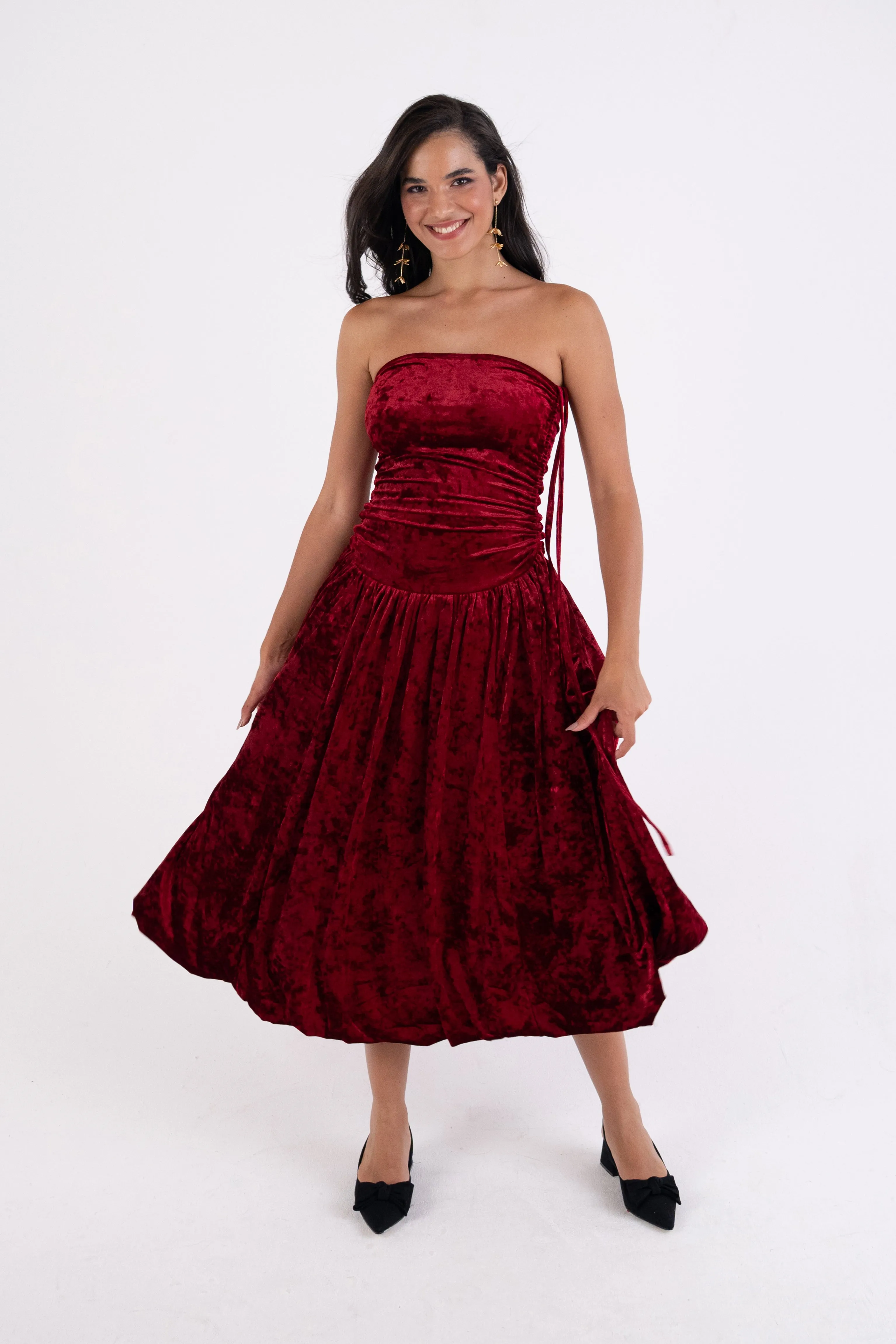 Alexa Dark Red Velvet Puffball Dress sold by AMYLYNN