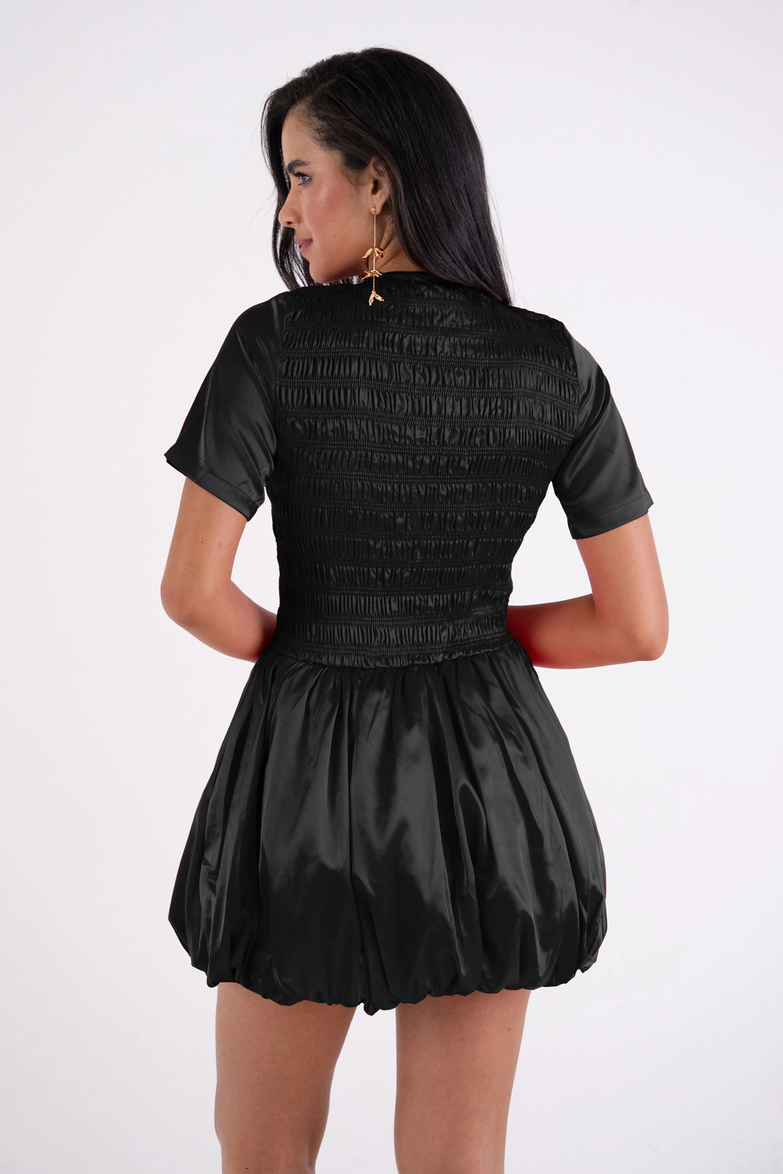 Eleanor Black Satin Puffball Ultra Mini Dress sold by AMYLYNN product image thumbnail 3