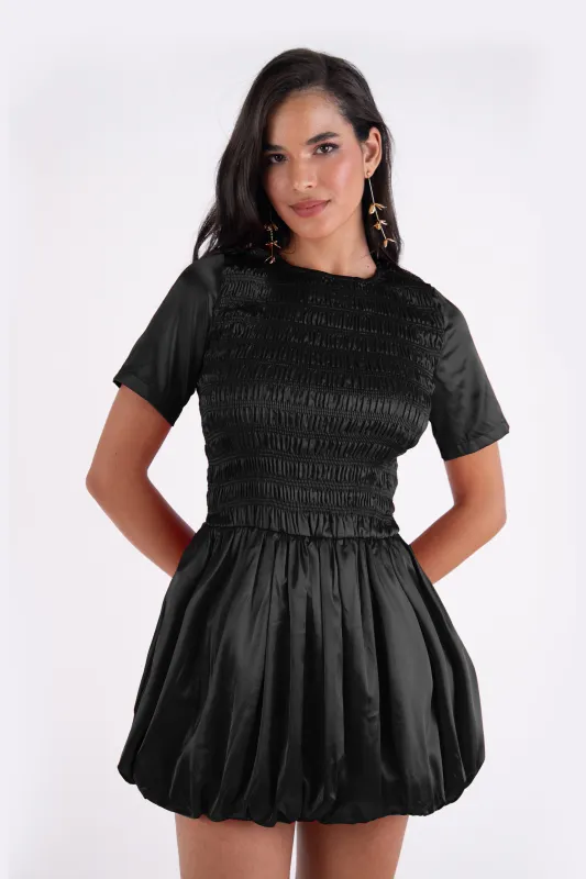 Eleanor Black Satin Puffball Ultra Mini Dress sold by AMYLYNN