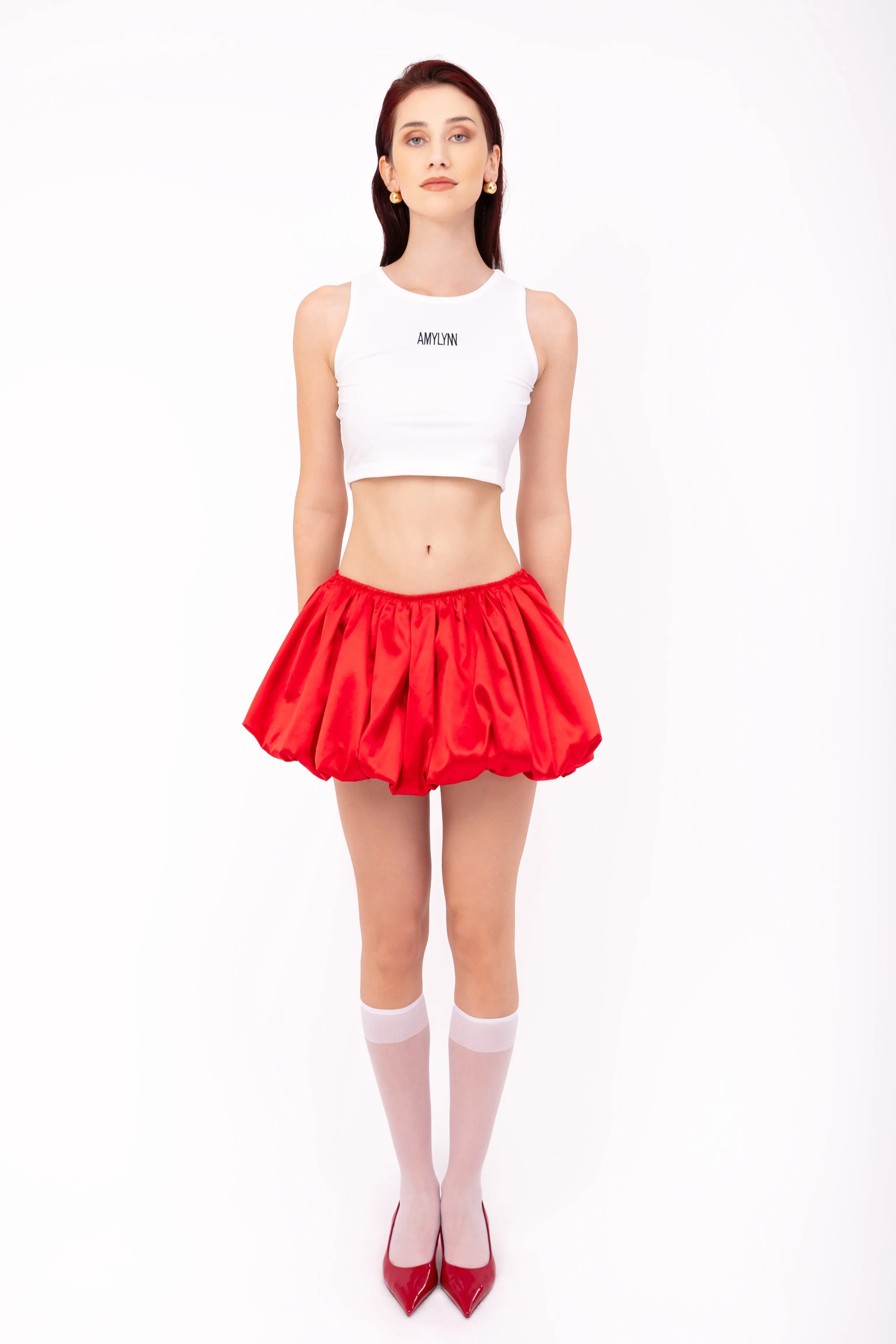 Claudia Red Satin Ultra Mini Puffball Skirt sold by AMYLYNN product image thumbnail 3