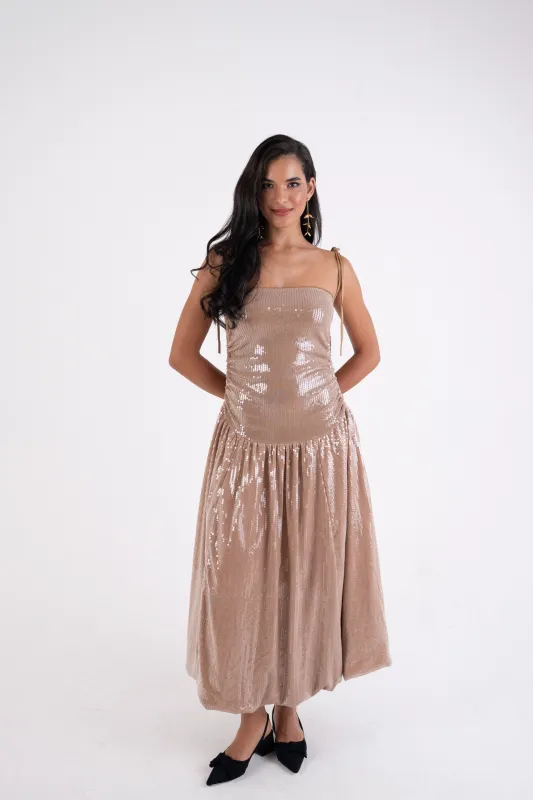 Alexa Champagne Sequin Puffball Dress sold by AMYLYNN