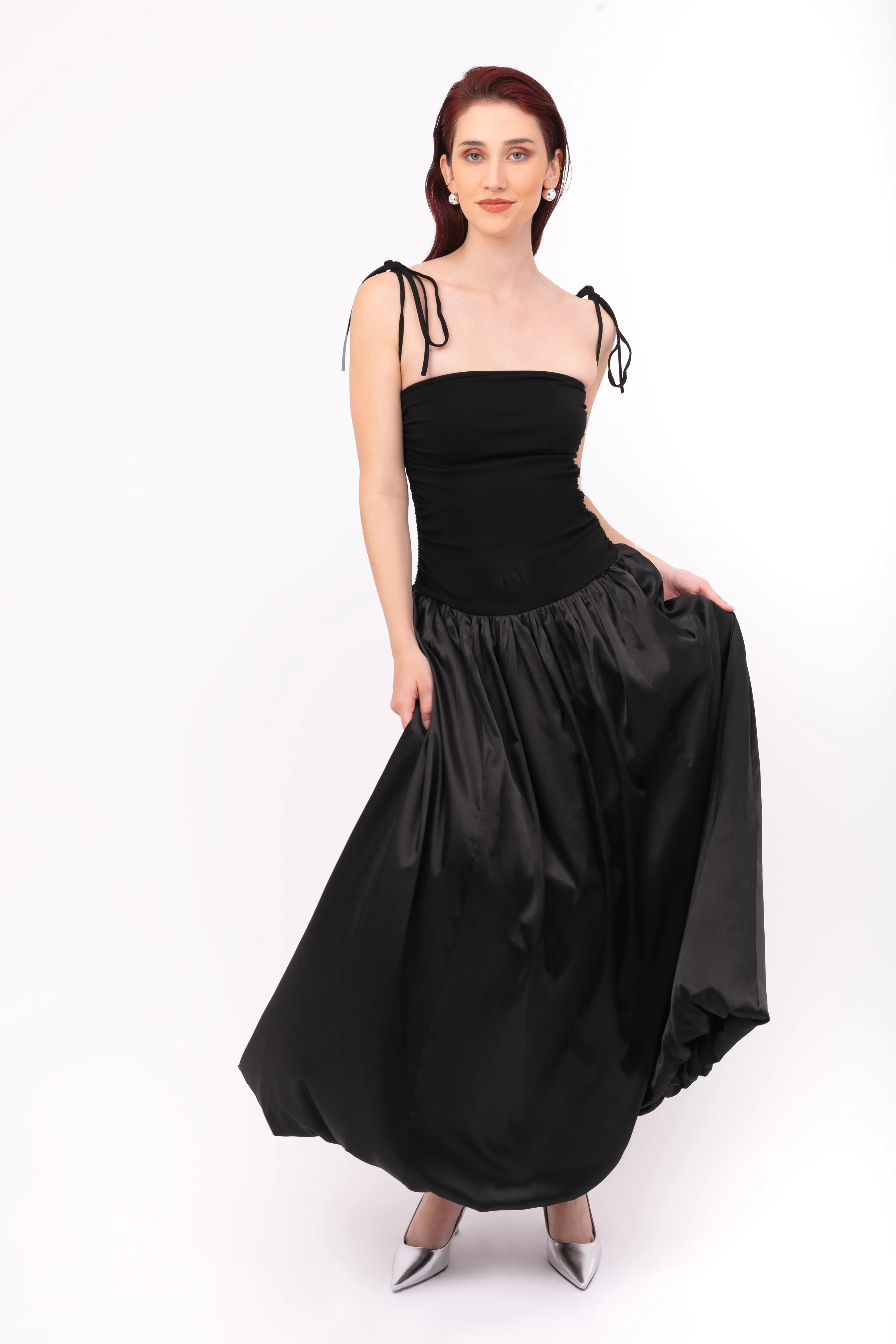 Alexa Rich Cotton Black Satin Puffball Maxi Dress sold by AMYLYNN product image thumbnail 5