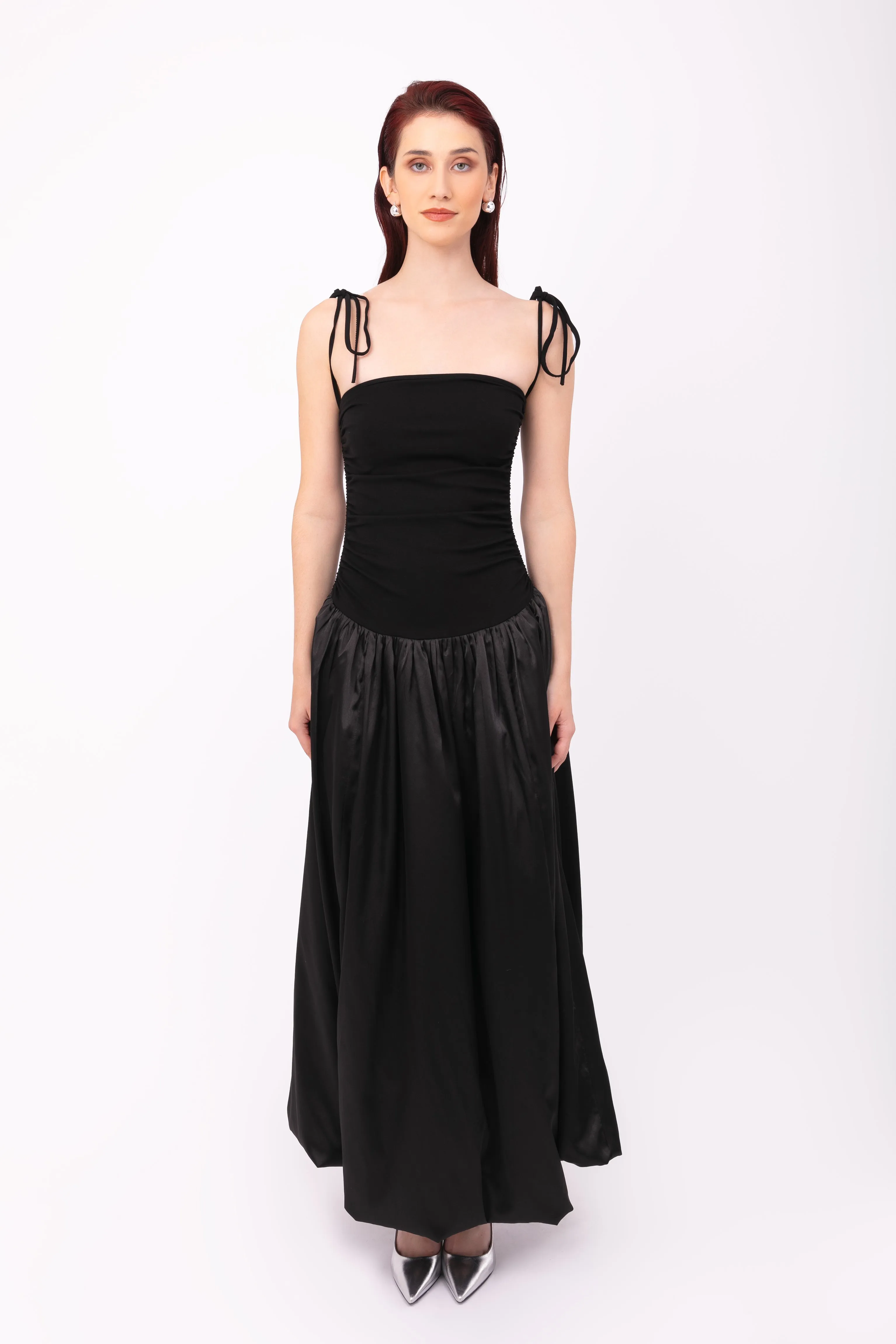 Alexa Rich Cotton Black Satin Puffball Maxi Dress sold by AMYLYNN product image thumbnail 4