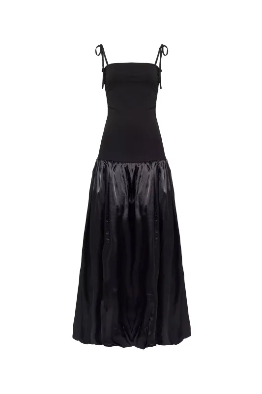 Alexa Rich Cotton Black Satin Puffball Maxi Dress sold by AMYLYNN
