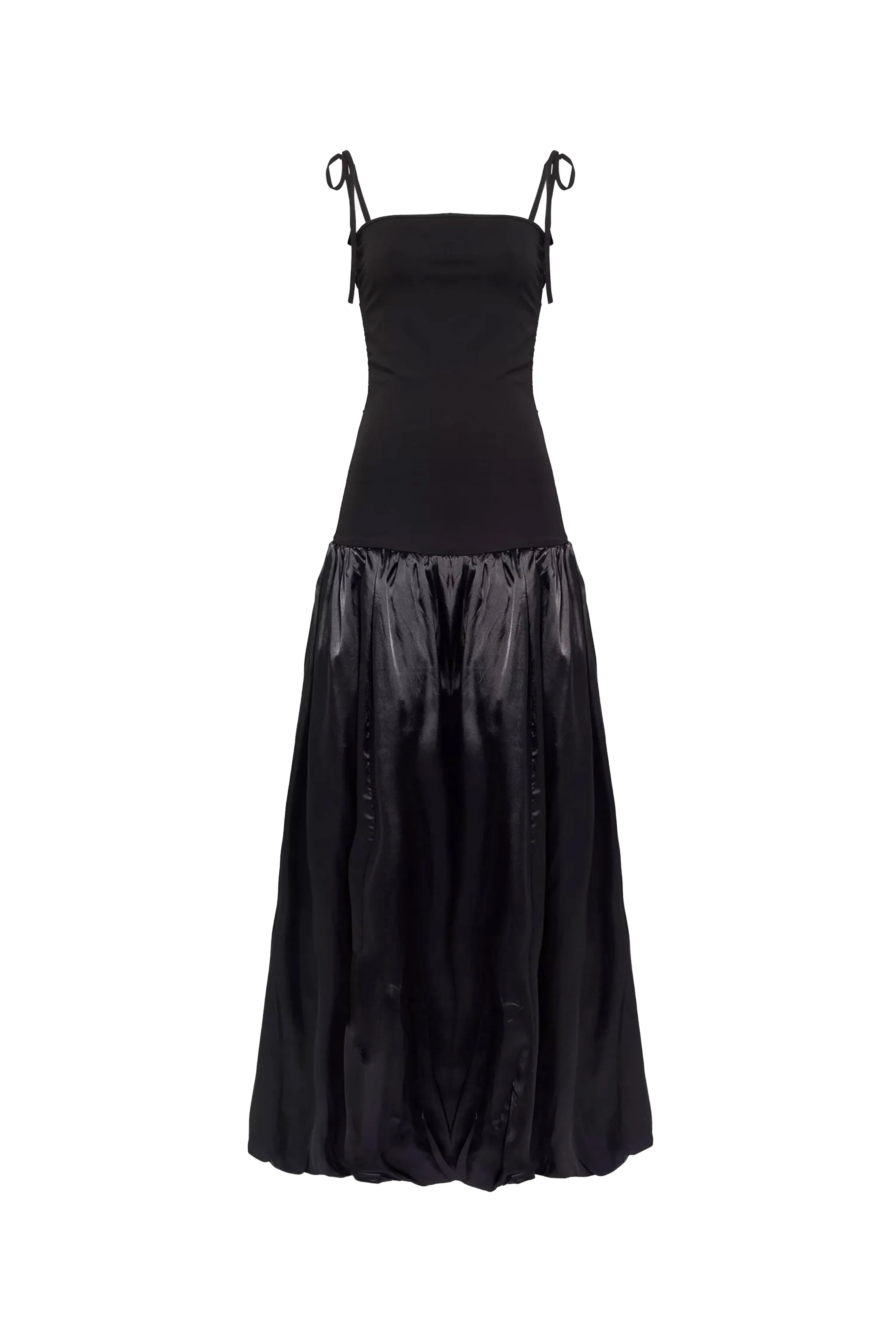 Alexa Rich Cotton Black Satin Puffball Maxi Dress sold by AMYLYNN