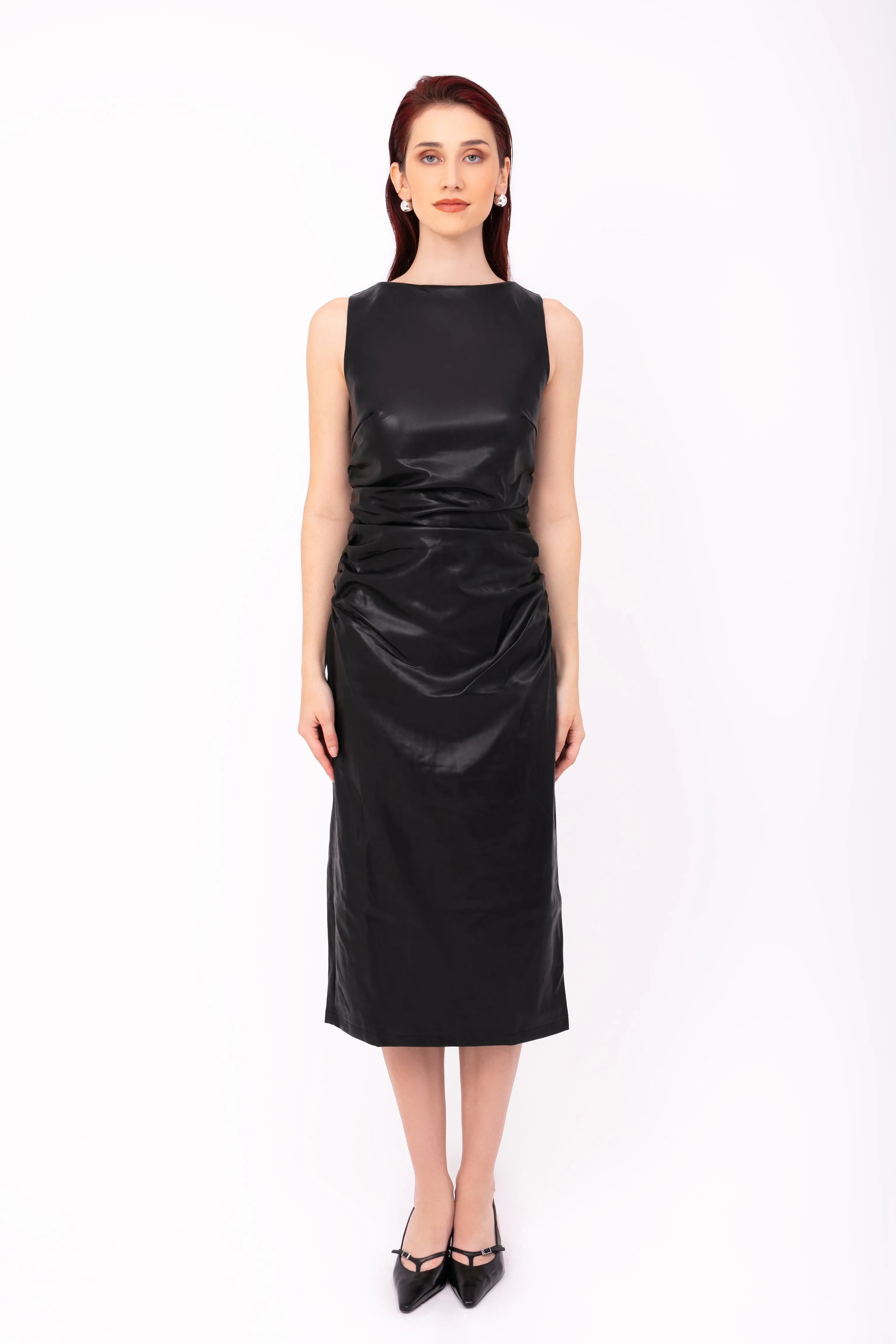 Vera Black Leather Midi Dress sold by AMYLYNN