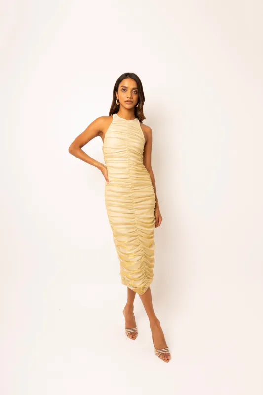 Lottie Gold Ruche Midi Dress sold by AMYLYNN
