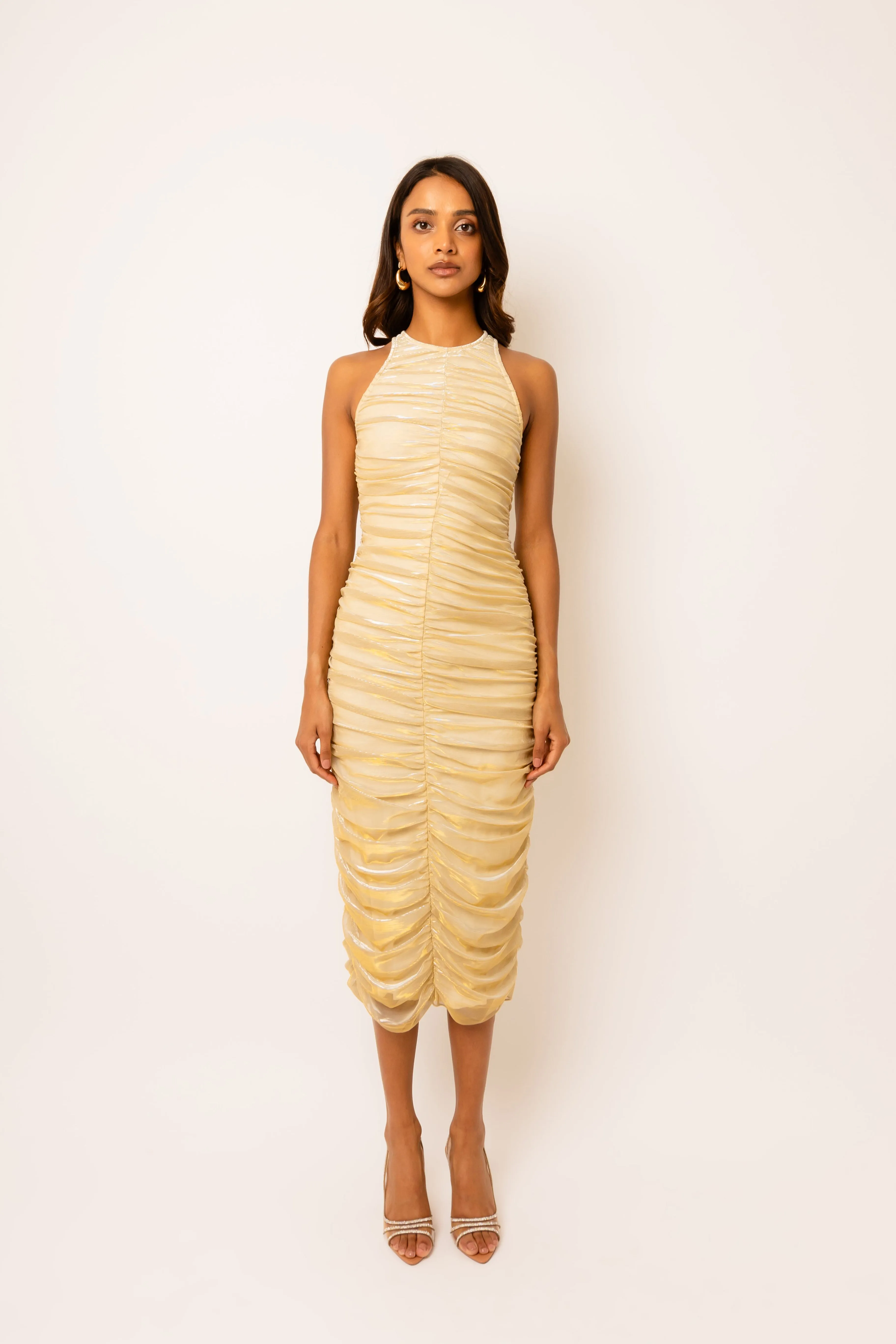 Lottie Gold Ruche Midi Dress sold by AMYLYNN product image thumbnail 5