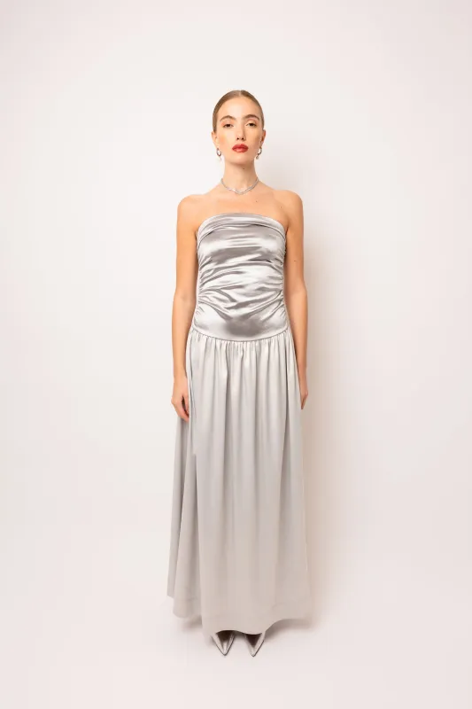 Micha Silver Satin Maxi Dress sold by AMYLYNN