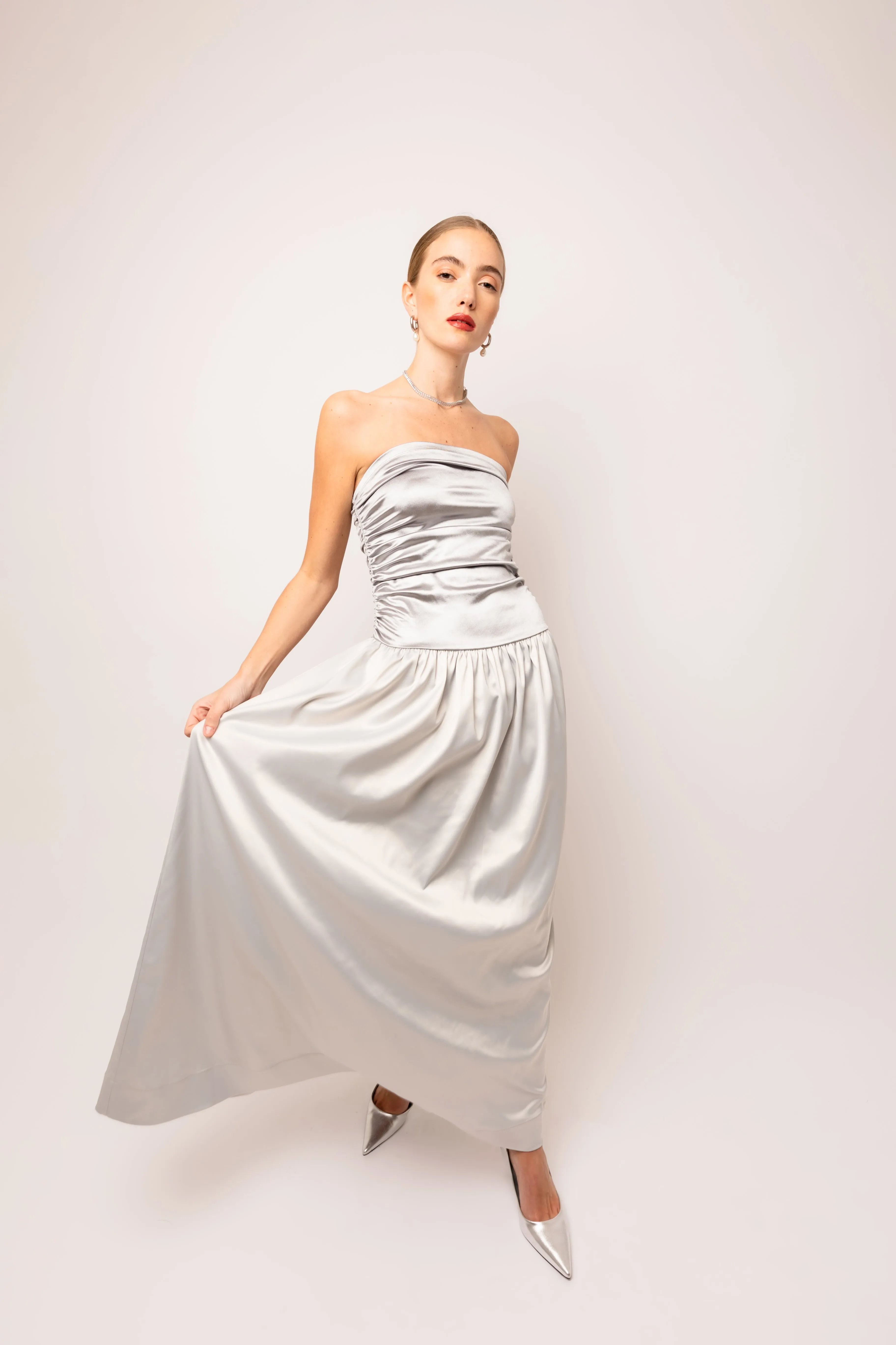 Micha Silver Satin Maxi Dress sold by AMYLYNN product image thumbnail 4